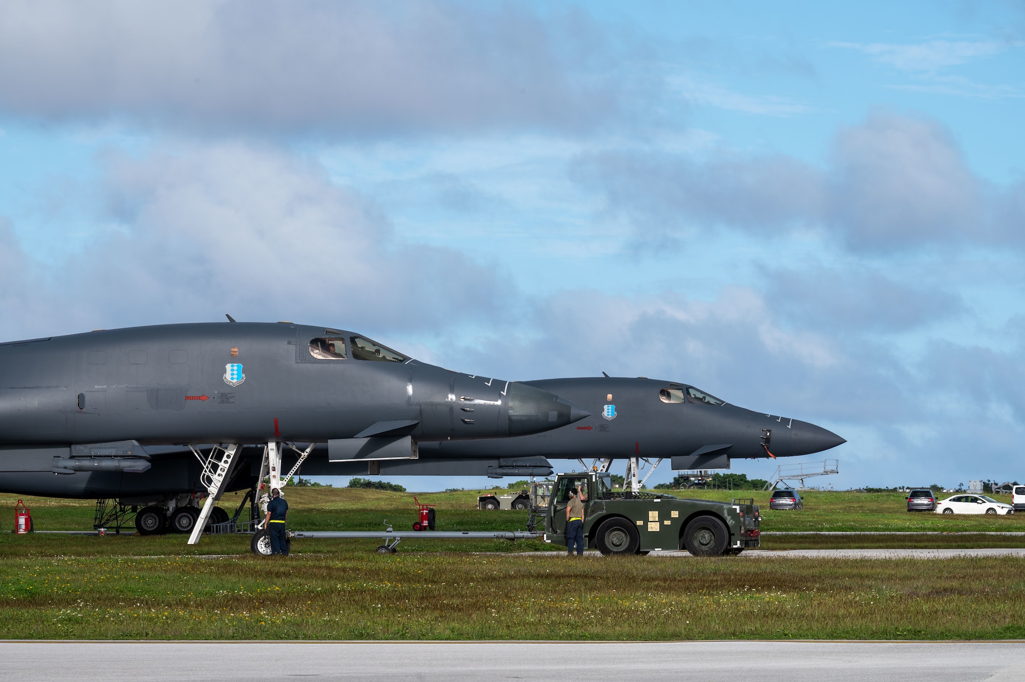 A U.S. Air Force B-1B Lancer from Ellsworth Air Force Base, S.D., is maneuvered into a parking zone at Andersen Air Force Base, Guam, during a Bomber Task Force deployment, Dec. 10, 2020. BTF supports Pacific Air Forces’ strategic deterrence mission and its commitment to the security and stability of the Indo-Pacific region. (U.S. Air Force photo by Senior Airman Tristan Day)