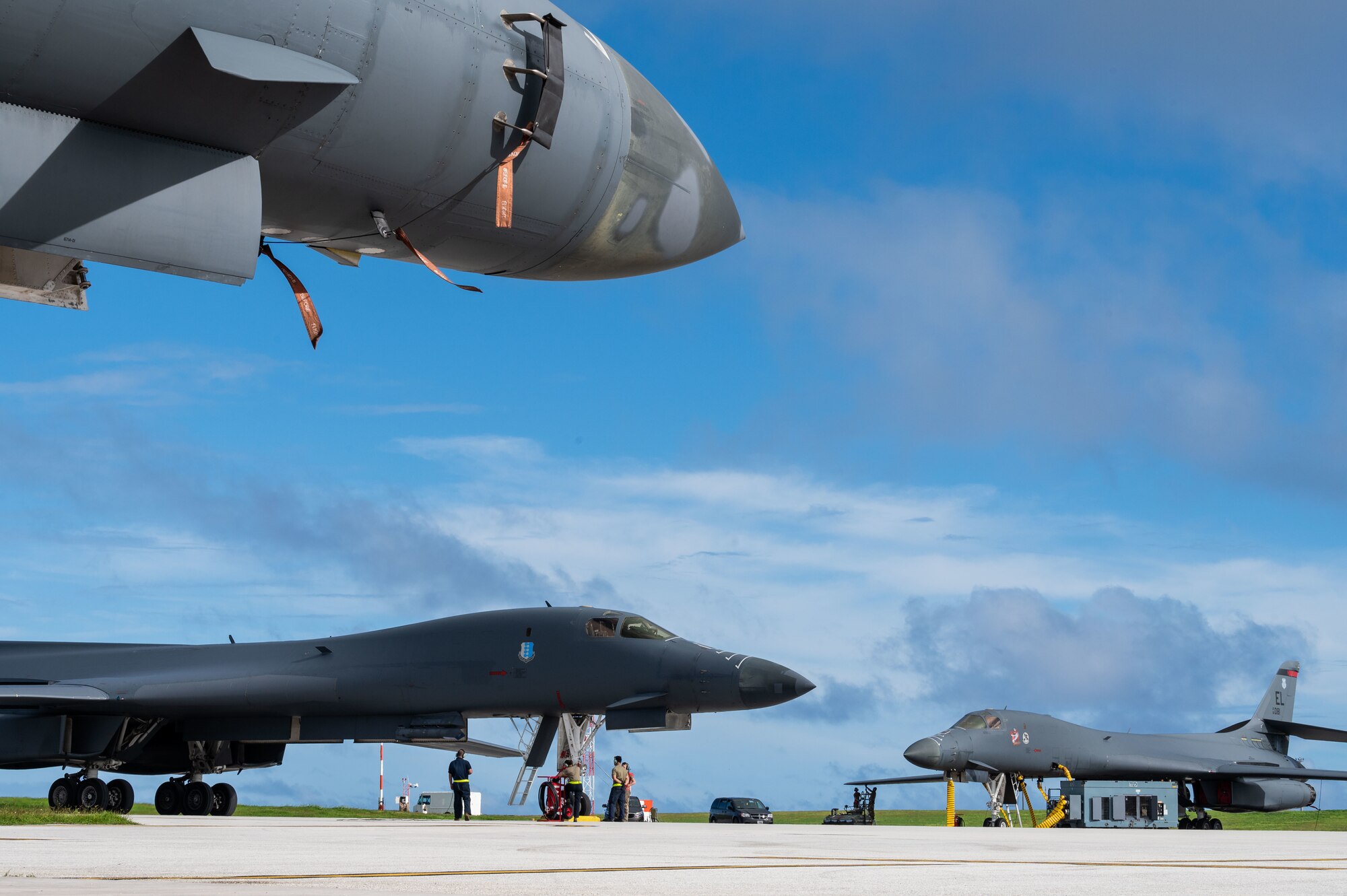 U.S. Air Force B-1B Lancers from Ellsworth Air Force Base, S.D., park on the flightline at Andersen Air Force Base, Guam, during a Bomber Task Force deployment, Dec. 10, 2020. More than 150 Airmen and four B-1B Lancers assigned to Ellsworth deployed to the Pacific in support of BTF dynamic force employment. This empowers a small but agile footprint of maintenance personnel to generate airpower at locations across the globe. (U.S. Air Force photo by Senior Airman Tristan Day)