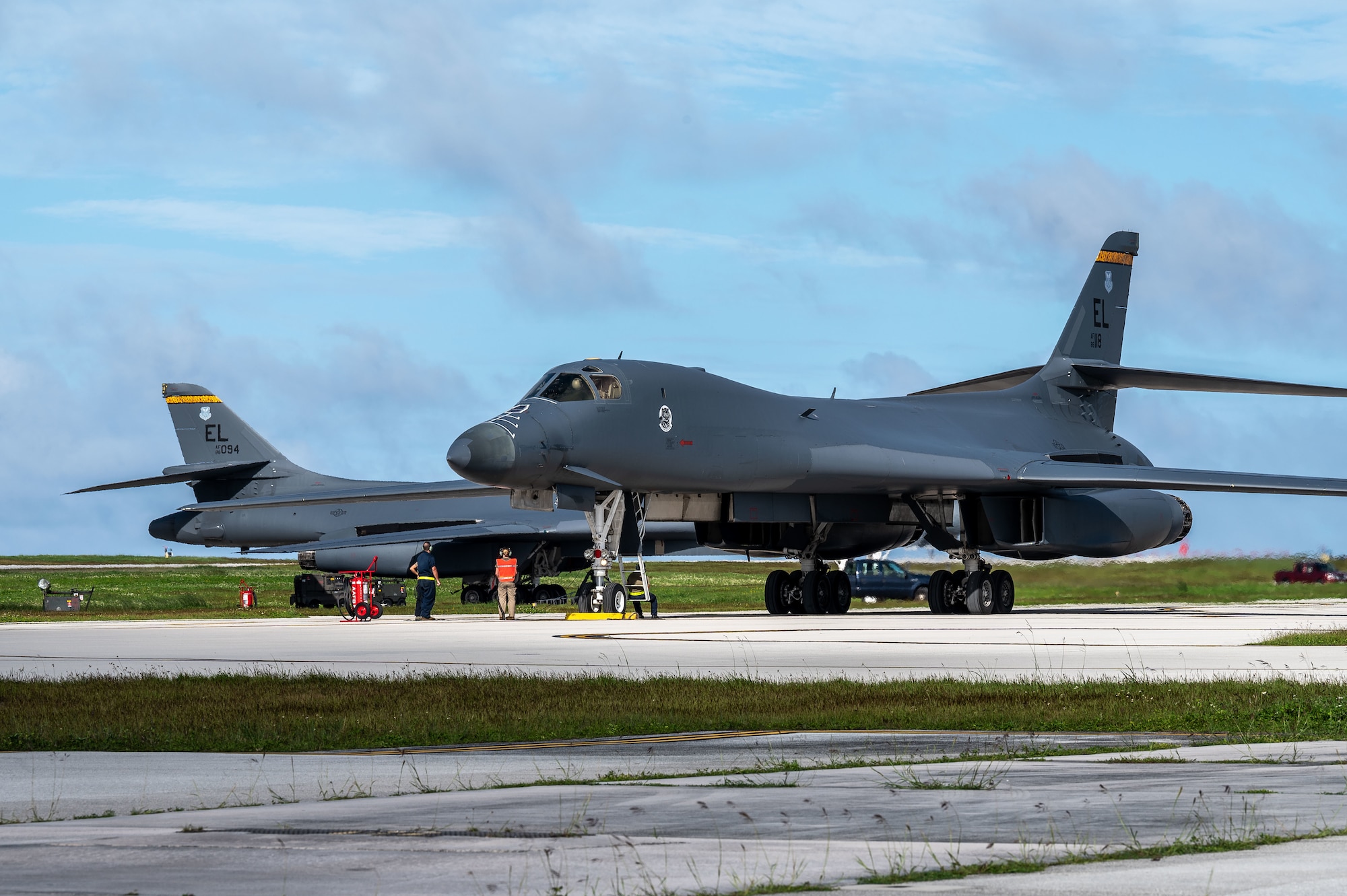 A U.S. Air Force B-1B Lancer from Ellsworth Air Force Base, S.D., receives an immediate post-flight inspection after landing at Andersen Air Force Base, Guam, for a Bomber Task Force mission, Dec. 10, 2020. The B-1B Lancer is capable of delivering massive quantities of precision and non-precision munitions against any adversary, anywhere in the world at any time. (U.S. Air Force photo by Senior Airman Tristan Day)