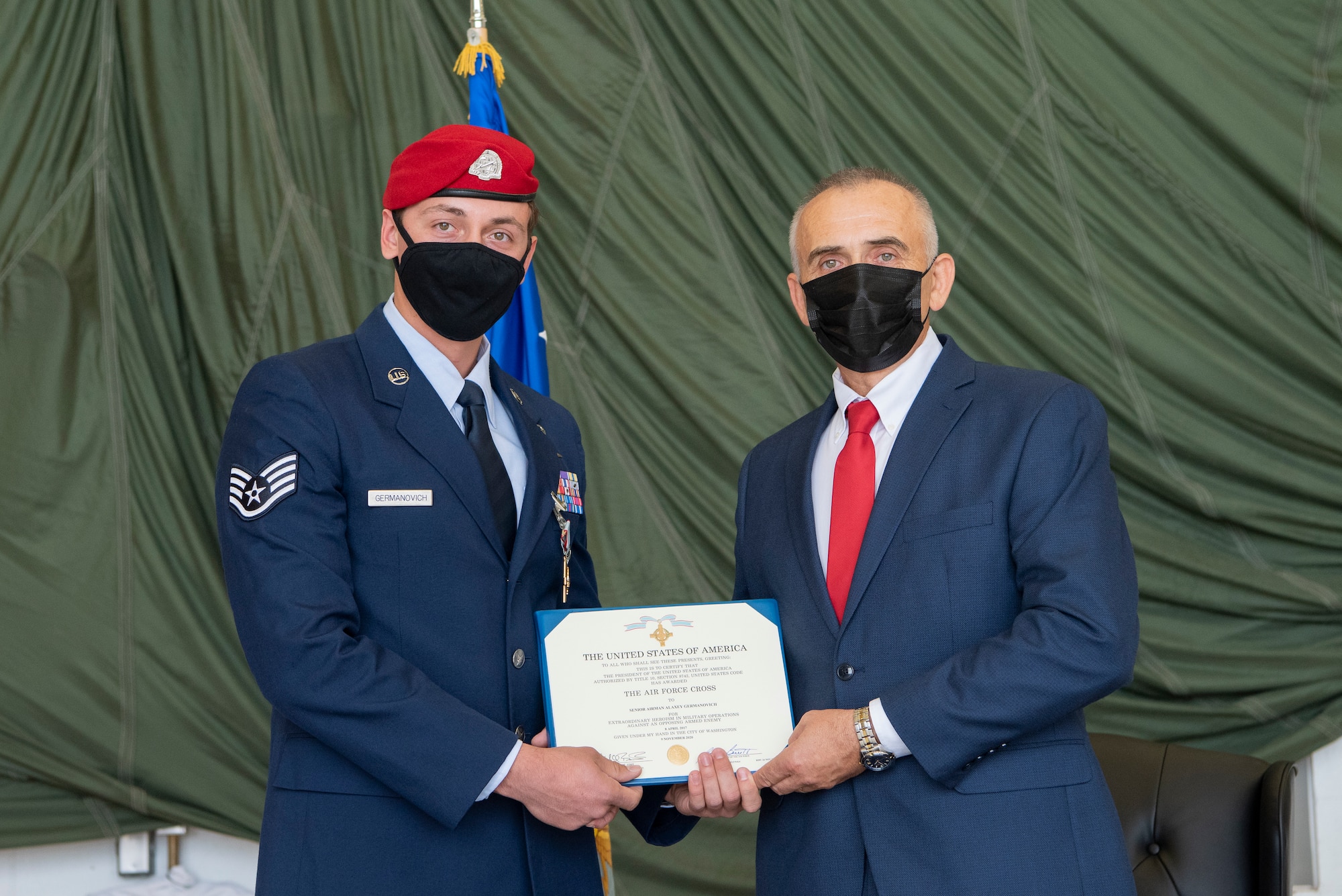 Barbara Barrett, Secretary of the Air Force, presented the medal to Staff Sgt. Alaxey Germanovich, 26th Special Tactics Squadron combat controller, for his actions during a fierce firefight in Nangarhar Province, Afghanistan, April 8, 2017. Germanovich’s efforts were credited with saving over 150 friendly forces and destroying 11 separate fighting positions.