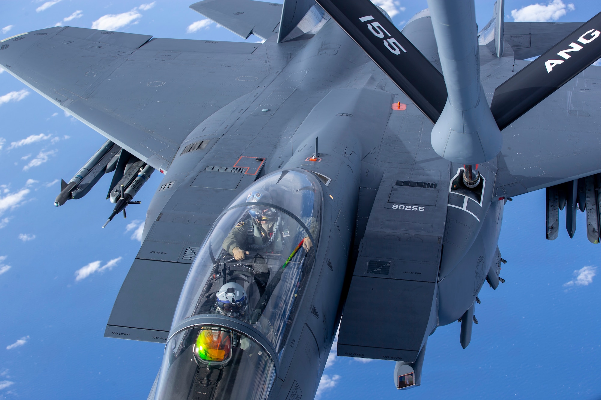 A 96th Test Wing F-15E Strike Eagle prepares for in-flight refueling from a 155th Air Refueling Wing KC-135 Stratotanker during exercise Emerald Flag over the Gulf of Mexico, Dec. 3, 2020. More than 25 agencies participated in the exercise at Eglin Air Force Base, Fla. The exercise incorporated ground, space, cyberspace and air platforms for joint test and experimentation. (U.S. Air Force photo by Staff Sgt. Joshua Hoskins)