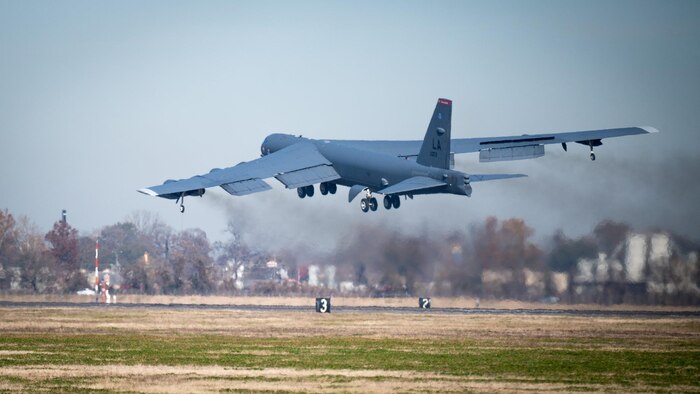 A B-52H Stratofortress departs for a long-range training mission at Barksdale Air Force Base, La., Dec. 9, 2020. (U.S. Air Force photo by Senior Airman Lillian Miller)