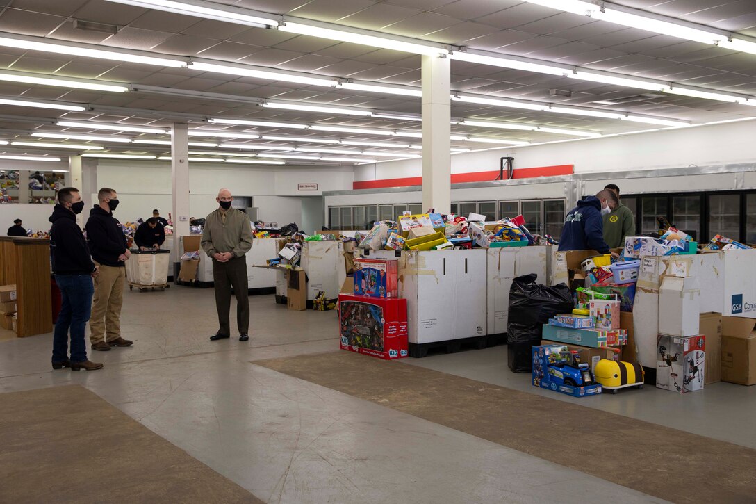 The 19th Sergeant Major of the Marine Corps, Sgt. Maj. Troy E. Black, visits the Headquarters Toys for Tots warehouse in Fredericksburg, Va., Dec. 9, 2020. During the visit Black thanked Marines of Delta Co., 4th Light Armored Reconnaissance Battalion, Marine Forces Reserve and the local volunteers for all their work during the donating season. The Marine Toys for Tots Program collects new unwrapped toys and distributes those toys to less fortunate children during the holidays. (U.S. Marine Corps photo by Sgt. Victoria Ross)