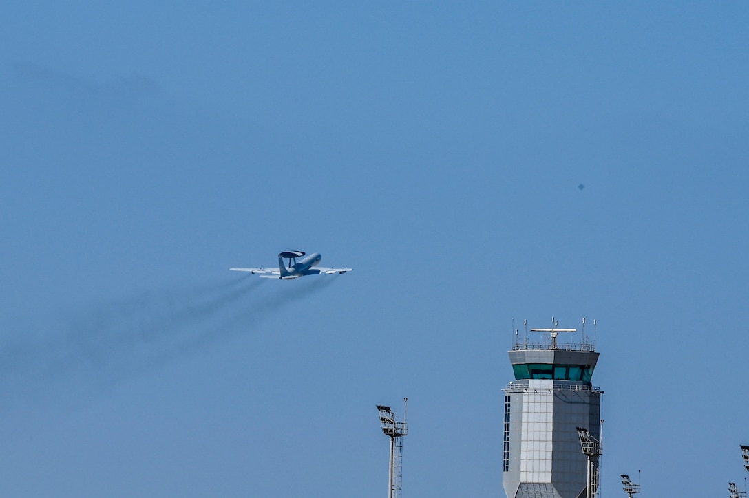 A U.S. Air Force E-3 Sentry aircraft assigned to the 968th Expeditionary Airborne Air Control Squadron launches in support of a Bomber Task Force mission from at Al Dhafra Air Base, United Arab Emirates, Dec. 10, 2020.  Multiple aircraft from the 380th Air Expeditionary Wing supported the global strike mission and provided the opportunity for synchronized air operations across the theater. (U.S. Air Force photo by Staff Sgt. Miranda A. Loera)