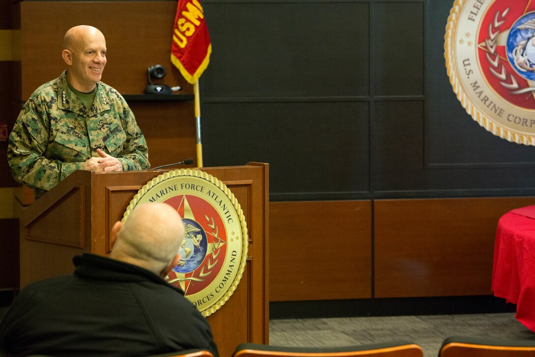 U.S. Marine Corps Gen. David H. Berger, Commandant of the Marine Corps, speaks during the U.S. Marine Corps Forces Northern Command (MARFORNORTH) transfer of authority ceremony between U.S. Marine Corps Forces Reserve and U.S. Marine Corps Forces Command (MARFORCOM), Fleet Marine Force Atlantic (FMFLANT), at Naval Support Activity Hampton Roads, Norfolk, Virginia, Dec. 8, 2020. The transfer of MARFORNORTH roles and responsibilities will enhance the mission effectiveness of the naval forces assigned to U.S. Northern Command as they conduct their primary mission of Homeland Defense through more fully integrated staff processes, and additional opportunities for integration between Navy and Marine Corps counterparts.  (U.S. Marine Corps Photo by Sgt. Desmond Martin/Released)
