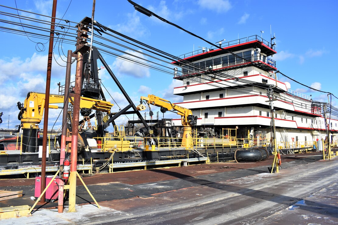 IN THE PHOTO, the Dredge Hurley is now docked at Ensley Engineer Yard after another long but successful season of dredging the Mississippi River. Adrian Pirani, Dredge Hurley master, said the crew successfully removed a little more than 8 million cubic yards of sediment this season. The season was shorter than last year due to the Hurley needing maintenance done, which required the Hurley be placed on a larger dry dock down south for a few months earlier this year. (USACE photos by Jessica Haas)