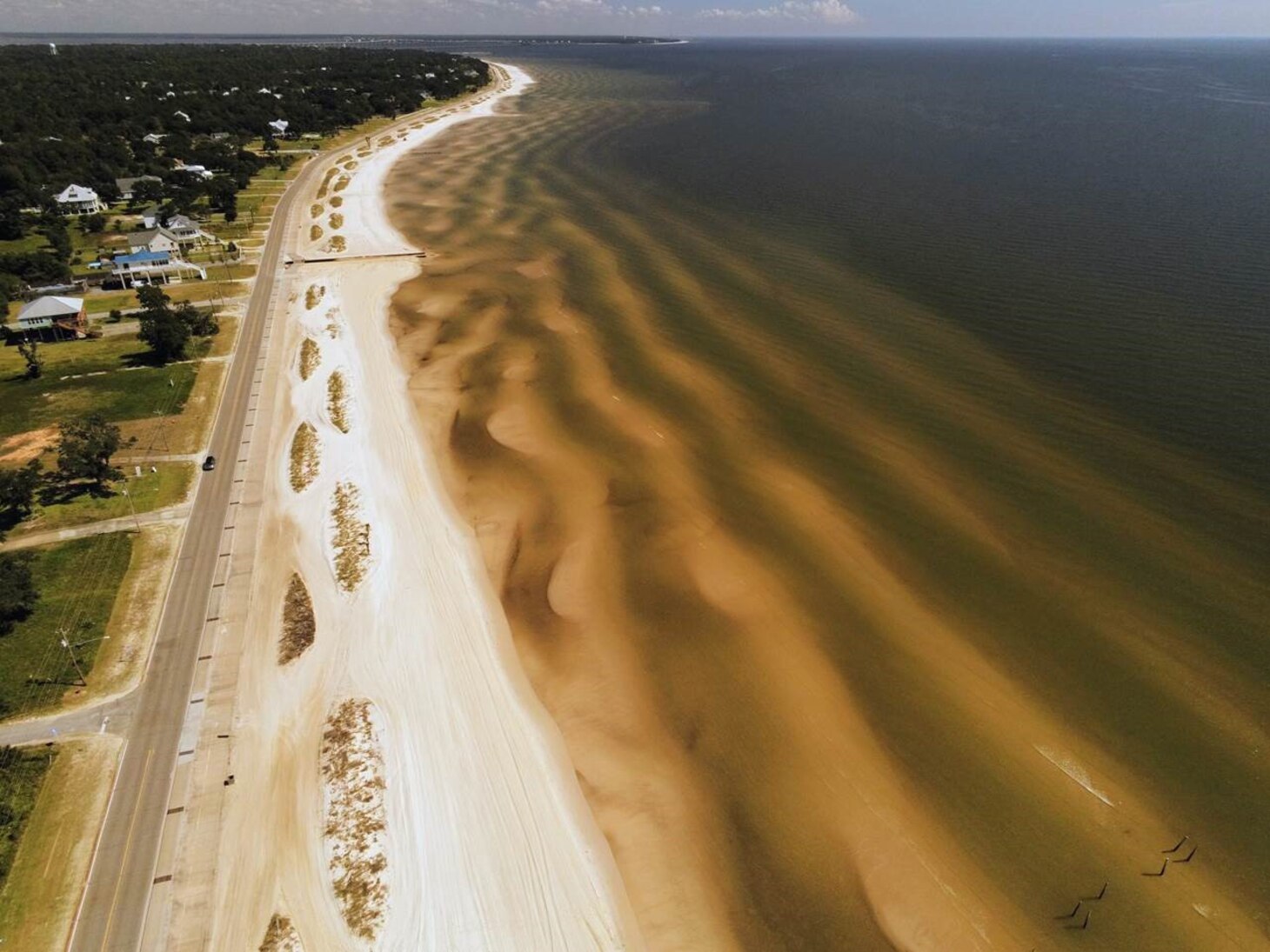 An aerial view of sandbar features near Bay St. Louis, Mississippi.