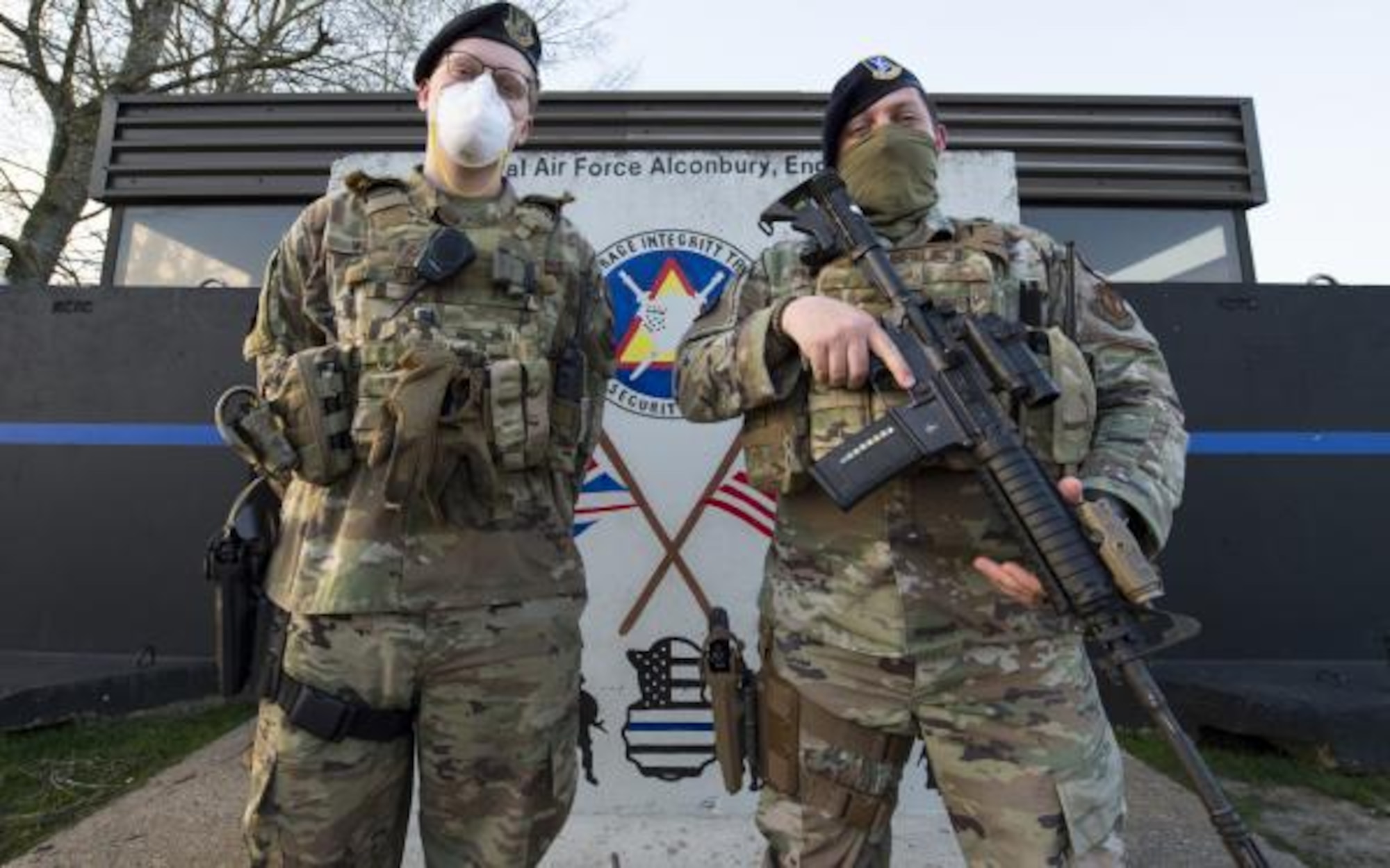 U.S. Air Force Security Forces Airmen at Royal Air Force Alconbury, England wear CDC-recommended PPE to train. (U.S. Air Force Courtesy photo.