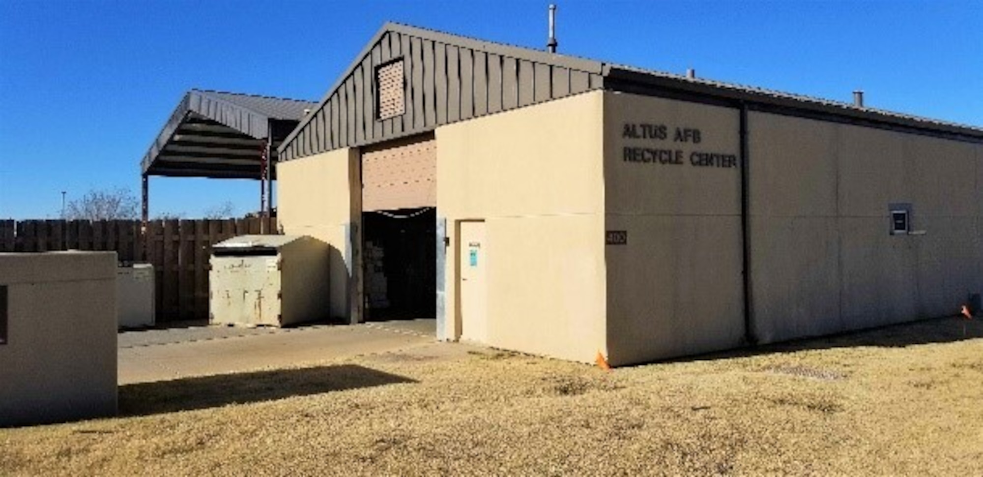 The 97th Air Mobility Wing Recycling Center is shown at Altus Air Force Base, Oklahoma, Dec. 10, 2020. The recycling center is located in building 400 on Ordnance Road just past the outdoor recreation facility. (U.S. Air Force photo by Judy Mott)