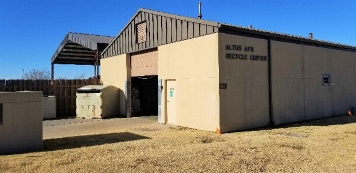 The 97th Air Mobility Wing Recycling Center is shown at Altus Air Force Base, Oklahoma, Dec. 10, 2020. The recycling center is located in building 400 on Ordnance Road just past the outdoor recreation facility. (U.S. Air Force photo by Judy Mott)