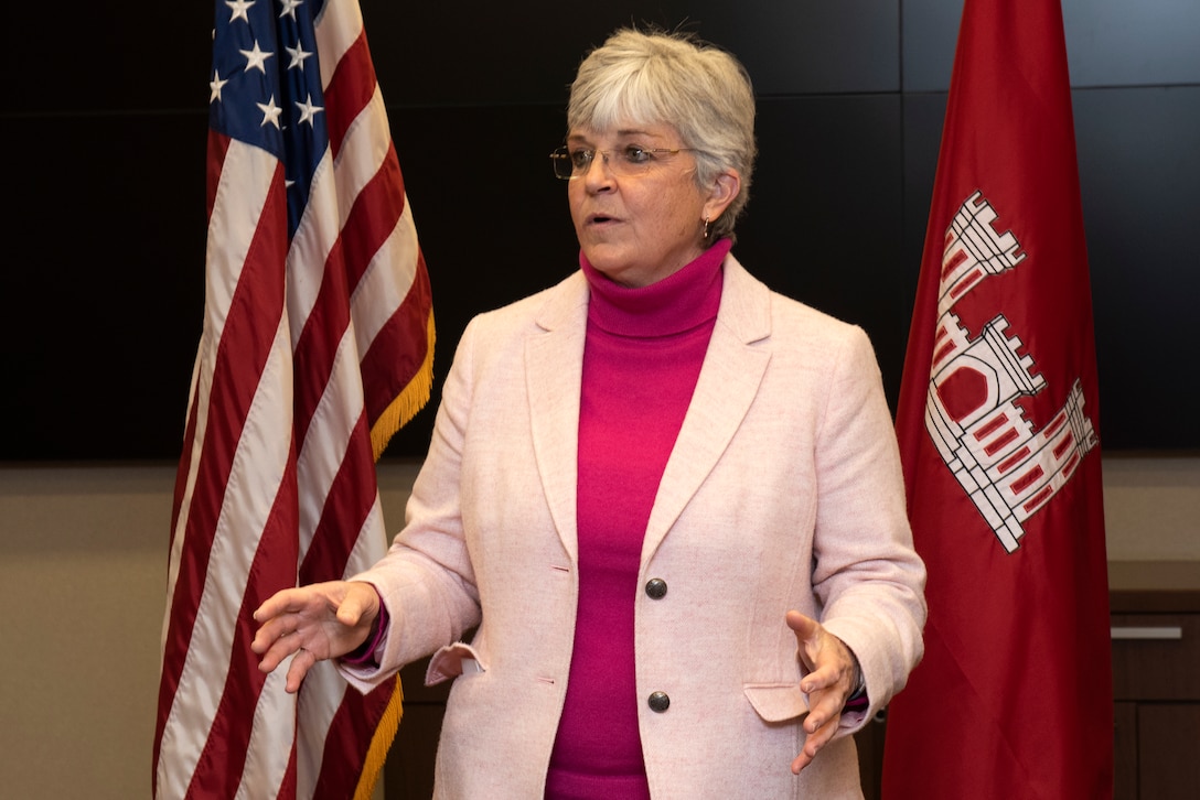 Patty Coffey, deputy district engineer, speaks at the conclusion of her retirement ceremony Dec. 10, 2020 in Nashville, Tennessee. She rose from an entry level job with the U.S. Army Corps of Engineers Nashville District in 1980 to become the district’s top civilian leader. (USACE Photo by Lee Roberts)