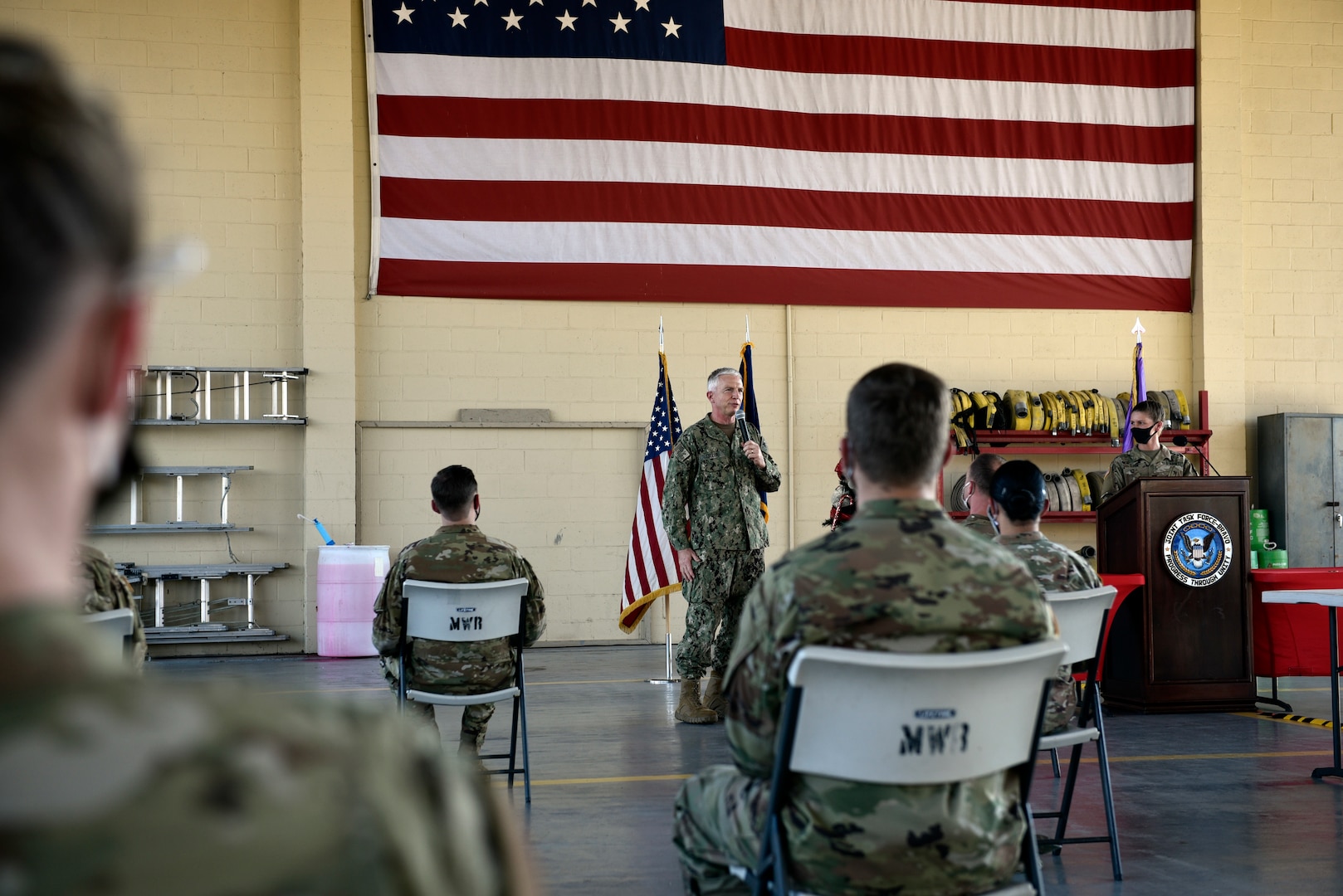 U.S. Navy Adm. Craig Faller, U.S. Southern Command commander, thanks members of Joint Task Force-Bravo for their support in the hurricane rescue and relief operations throughout Central America.