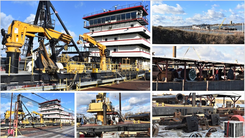 IN THE PHOTO, the Dredge Hurley is docked at Ensley Engineer Yard for some much-needed repairs and the crew is now home for some rest and recuperation after another long but successful season of dredging the Mississippi River. Adrian Pirani, Dredge Hurley master, said the crew successfully removed a little more than 8 million cubic yards of sediment this season. The season was shorter than last year due to the Hurley needing maintenance done, which required the Hurley be placed on a larger dry dock down south for a few months earlier this year. (USACE photos by Jessica Haas)