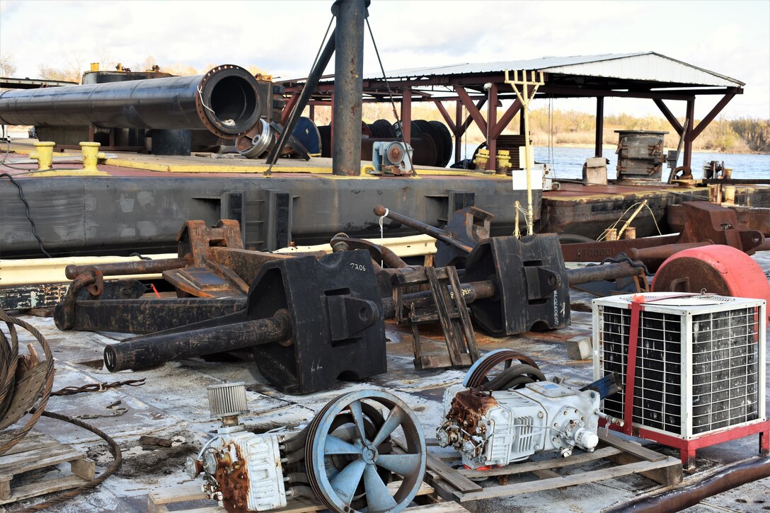 IN THE PHOTO, anchors used to keep the Dredge Hurley in place, now not needed as the Hurley is now docked at Ensley Engineer Yard after another long but successful season of dredging the Mississippi River. Adrian Pirani, Dredge Hurley master, said the crew successfully removed a little more than 8 million cubic yards of sediment this season. The season was shorter than last year due to the Hurley needing maintenance done, which required the Hurley be placed on a larger dry dock down south for a few months earlier this year. (USACE photos by Jessica Haas)