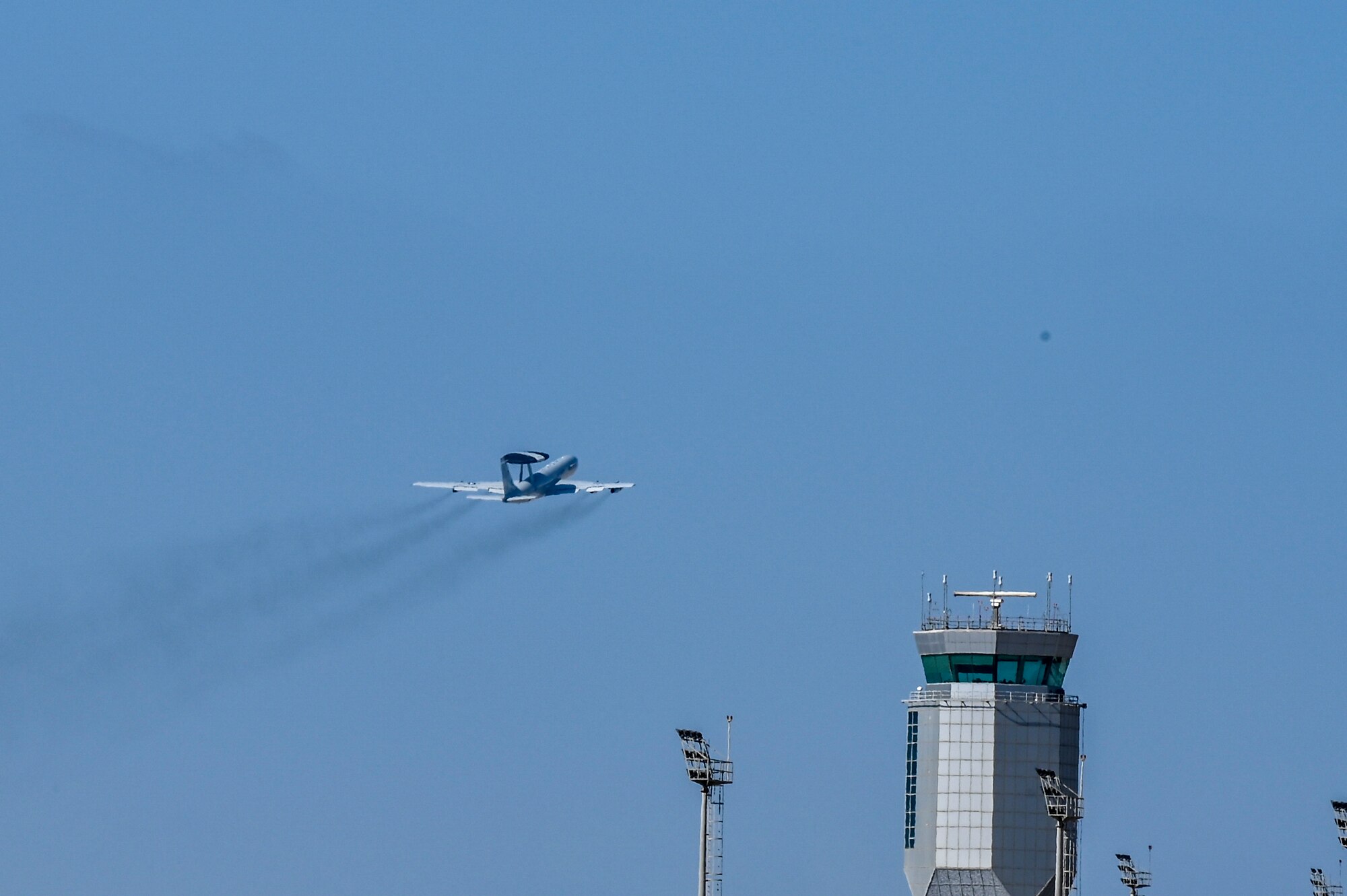 A U.S. Air Force E-3 Sentry aircraft assigned to the 968th Expeditionary Airborne Air Control Squadron launches in support of a Bomber Task Force mission from at Al Dhafra Air Base, United Arab Emirates, Dec. 10, 2020.  Multiple aircraft from the 380th Air Expeditionary Wing supported the global strike mission and provided the opportunity for synchronized air operations across the theater. (U.S. Air Force photo by Staff Sgt. Miranda A. Loera)