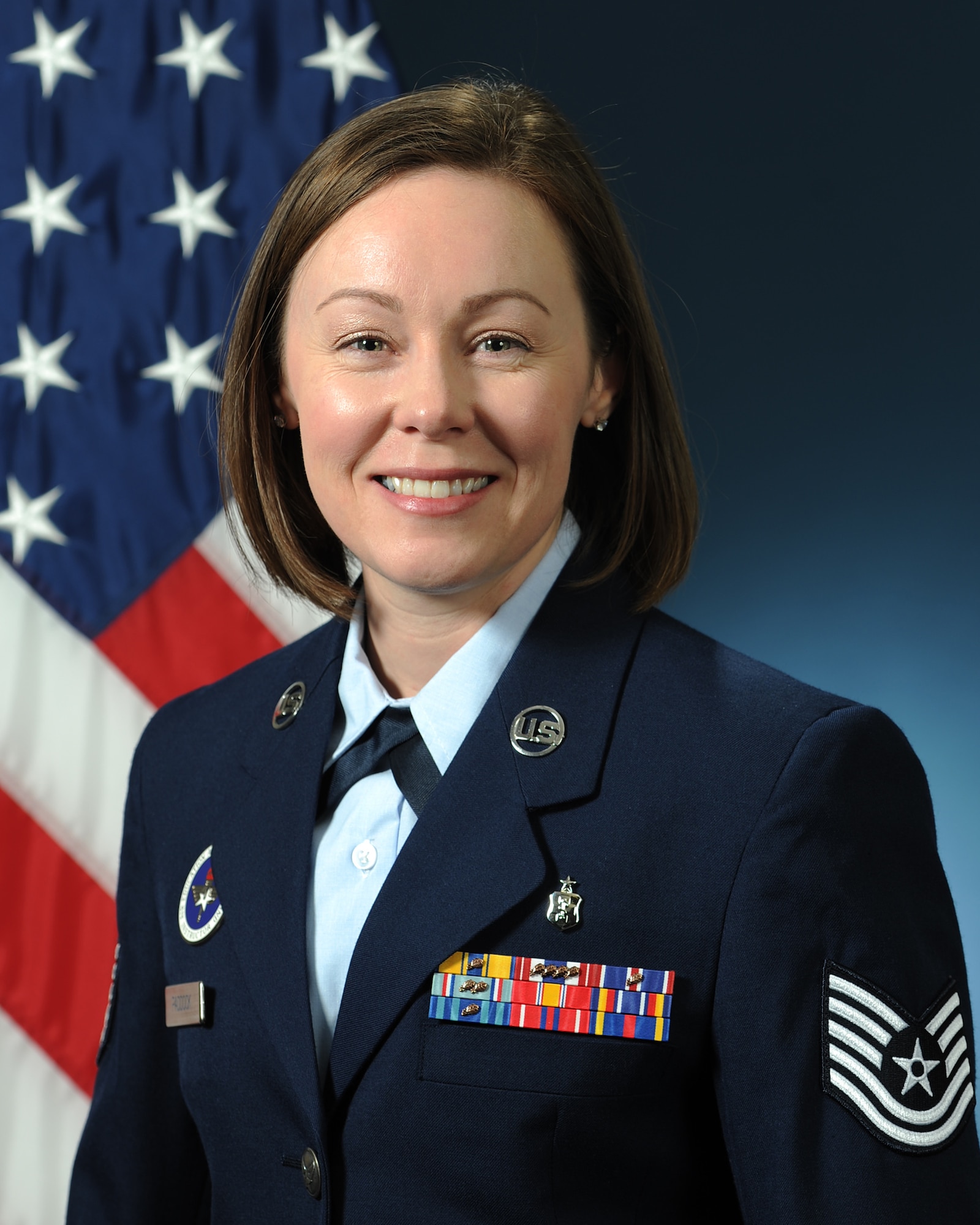 Tech. Sgt. Tiffany Paddock, 50th Network Warfare Squadron cyber defense intel analyst, stands for an official photograph Nov. 2018, at Joint Base San Antonio-Fort Sam Houston, Texas. (U.S. Air Force courtesy photo)