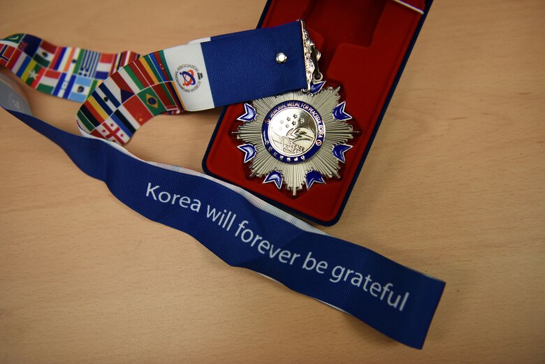 The Korean Informational Association’s Korea Peace Medal stands ready to be worn on Osan Air Base, Republic of Korea, Dec. 8, 2020. The medal is given to members of Chaplain Corps who served more than a year in Korea and made a significant impact. (U.S. Air Force photo by Master Sgt. Rachelle Blake)