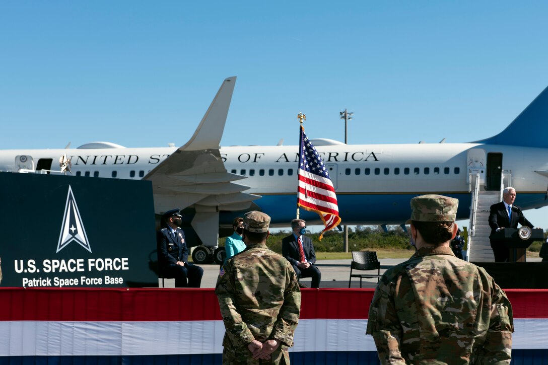 Both of the 45th Space Wing's installations were redesignated as Patrick Space Force Base and Cape Canaveral Space Force Station by Vice President of the United States Mike Pence in a ceremony held Dec. 9, 2020, on Cape Canaveral Space Force Station. The renaming of the two installations is but one more step in solidifying not only the 45th Space Wing and Space Force’s hold as the frontrunners in space exploration and defense, but the Nation’s as a whole. (U.S. Space Force photo by Senior Airman Zoe Thacker)