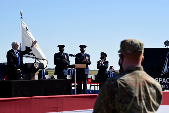 Gen. John 'Jay' Raymond, Chief of Space Operations for the U.S. Space Force, addresses Airmen at a renaming ceremony for two Department of the Air Force installations on Dec. 9, 2020, at Cape Canaveral Space Force Station, Fla. Patrick Space Force Base and Cape Canaveral Space Force Station, formerly U.S. Air Force installations, were unveiled as the first Space Force bases. (U.S. Space Force photo by Senior Airman Zoe Thacker)