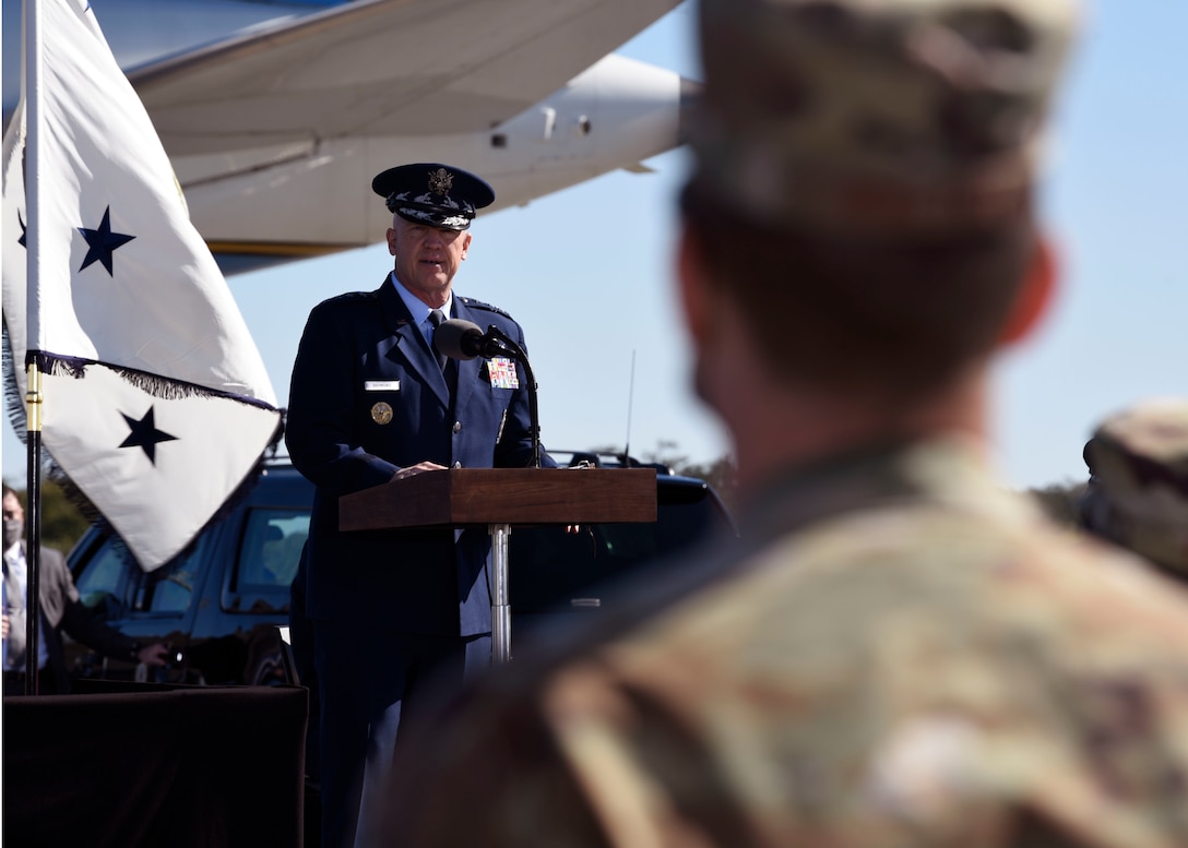 Gen. John 'Jay' Raymond, Chief of Space Operations for the U.S. Space Force, addresses Airmen at a renaming ceremony for two Department of the Air Force installations on Dec. 9, 2020, at Cape Canaveral Space Force Station, Fla. Patrick Space Force Base and Cape Canaveral Space Force Station, formerly U.S. Air Force installations, were unveiled as the first Space Force bases. (U.S. Space Force photo by Senior Airman Zoe Thacker)
