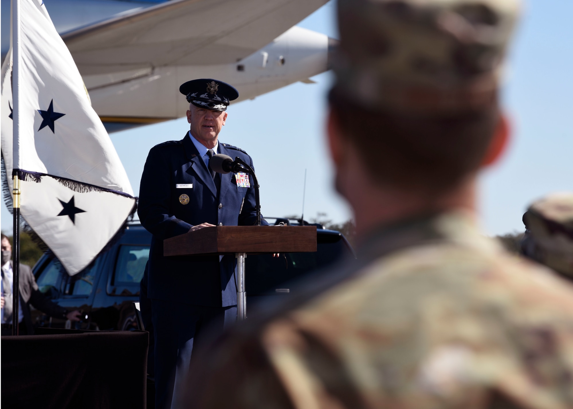 Gen. John 'Jay' Raymond, Chief of Space Operations for the U.S. Space Force, addresses Airmen at a renaming ceremony for two Department of the Air Force installations on Dec. 9, 2020, at Cape Canaveral Space Force Station, Fla. Patrick Space Force Base and Cape Canaveral Space Force Station, formerly U.S. Air Force installations, were unveiled as the first Space Force bases. (U.S. Space Force photo by Senior Airman Zoe Thacker)