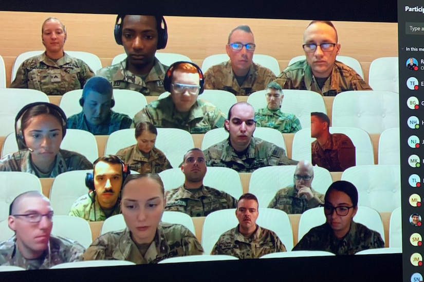 A screenshot showing deployed National Guard Soldiers taking part in the new Army National Guard-Forward Virtual Basic Leadership Course.