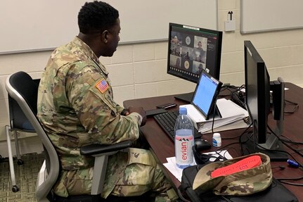 Staff Sgt. Sidney Ruth of the South Carolina National Guard, an instructor with the new Army National Guard-Forward Virtual Basic Leadership Course, teach a class from the 166th Regiment Regional Training Institute at Fort Indiantown Gap, Pa.