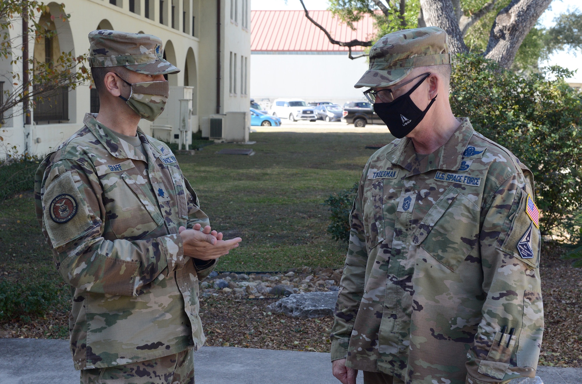 Chief Master Sergeant Roger A. Towberman (right), the senior enlisted advisor of the United States Space Force, is greeted by Lt. Col. Michael Graff, Air Force Recruiting Service, Space Force Recruiting branch chief, during a visit to AFRS in October 2020.