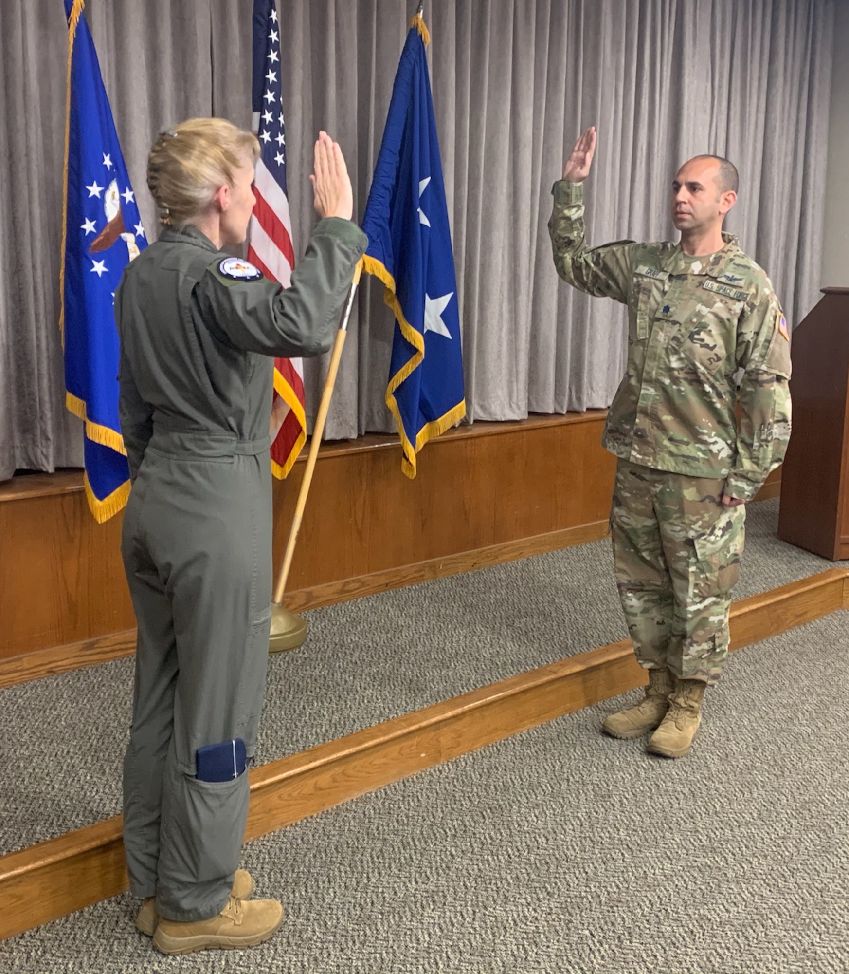 Maj. Gen. Jeannie Leavitt, former Air Force Recruiting Service commander, swears Lt. Col. Michael Graff into the U.S. Space Force Oct. 8, 2020.