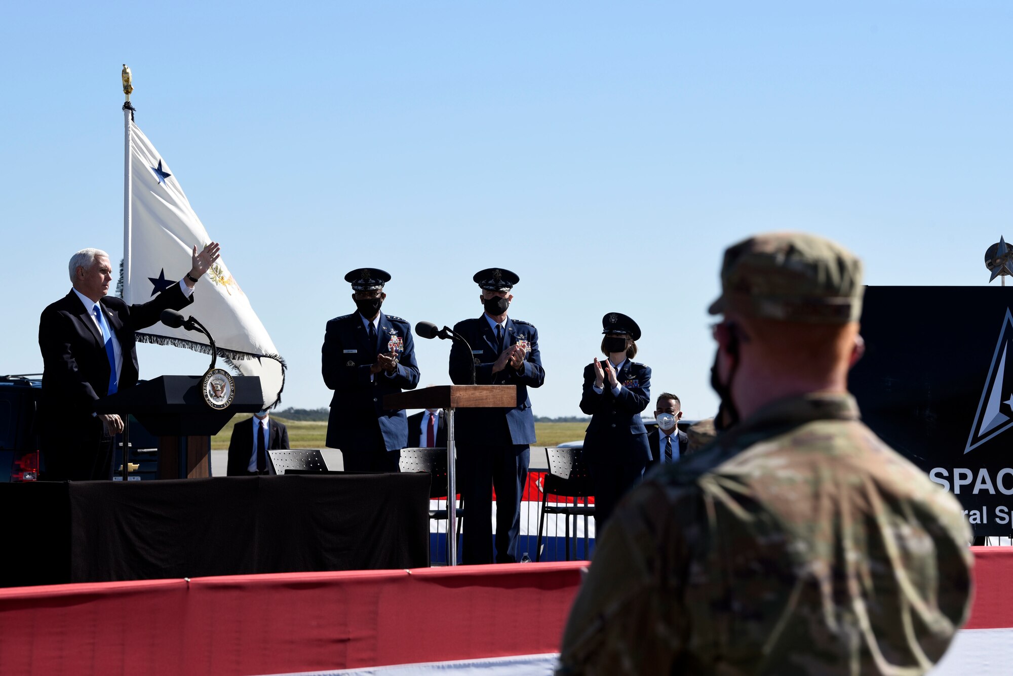 Vice President of the United States Mike Pence arrives at a ceremony for the renaming of two Department of the Air Force installations on Dec. 9, 2020, at Cape Canaveral Space Force Station, Fla. Both of the 45th Space Wing's installations were renamed to Patrick Space Force Base and Cape Canaveral Space Force Station. (U.S. Space Force photo by Senior Airman Zoe Thacker)