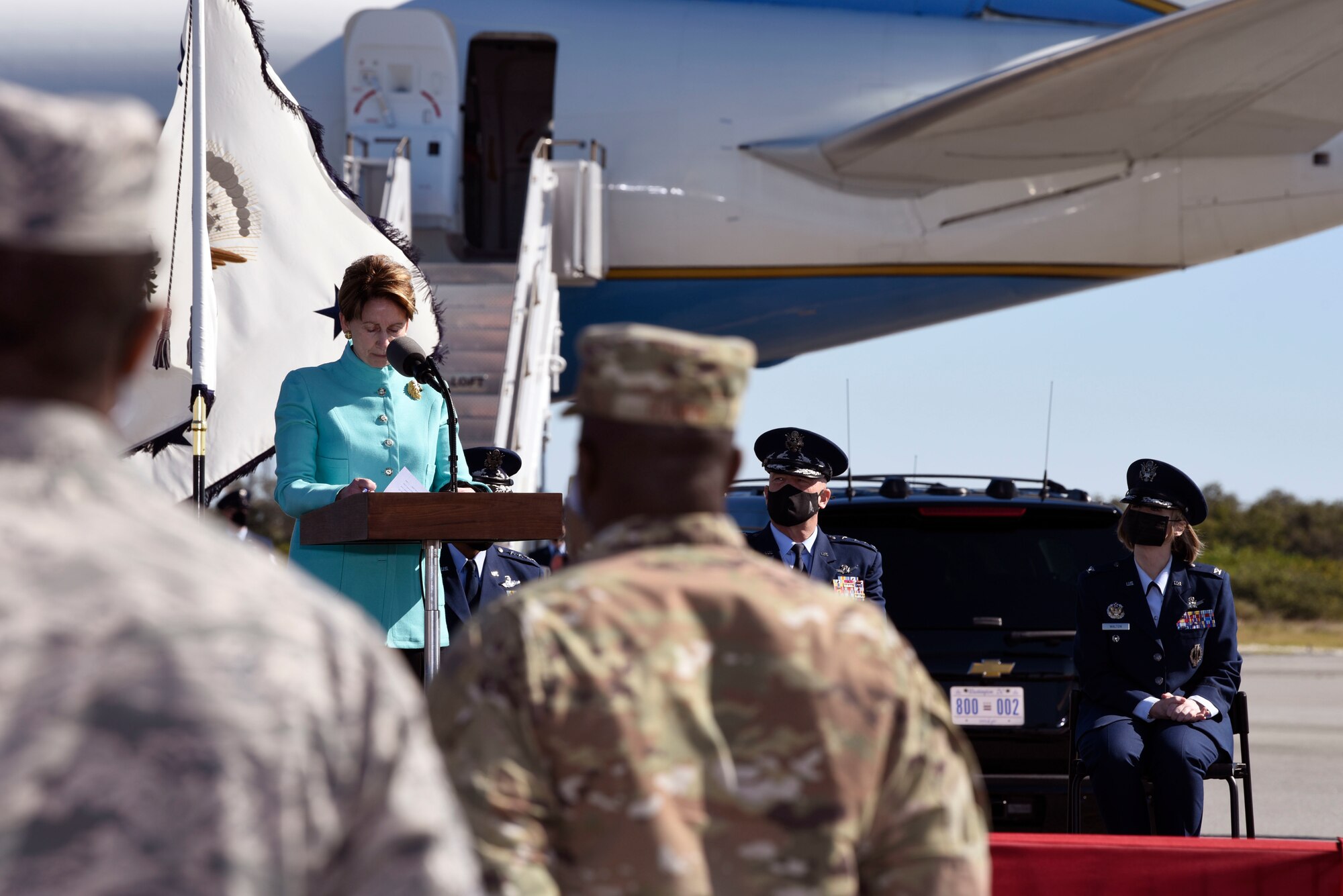 Secretary of the Air Force Barbara Barrett addresses 45th Space Wing Airmen at a ceremony renaming two Department of the Air Force installations on Dec. 9, 2020, at Cape Canaveral Space Force Station, Fla. Patrick Air Force Base and Cape Canaveral Air Force Station were renamed to Patrick Space Force Base and Cape Canaveral Space Force Station. (U.S. Space Force photo by Senior Airman Zoe Thacker)