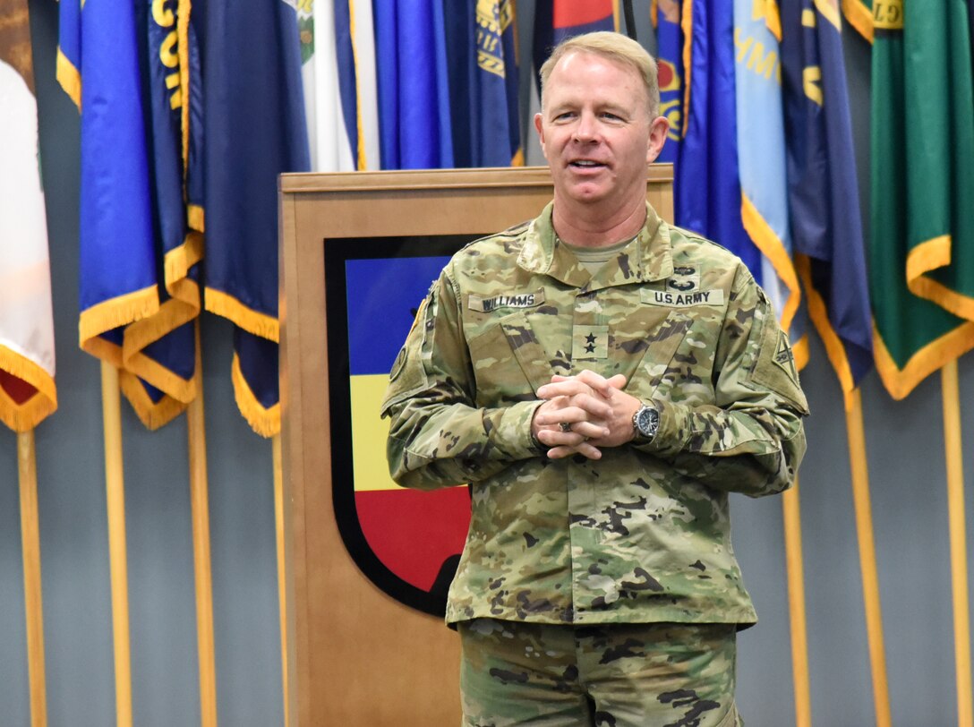 Maj. Gen. Timothy P. Williams, the Adjutant General of Virginia, speaks to Virginia Department of Military Affairs managers during the DMA Supervisors Course Dec. 4, 2020, at Fort Pickett, Virginia.