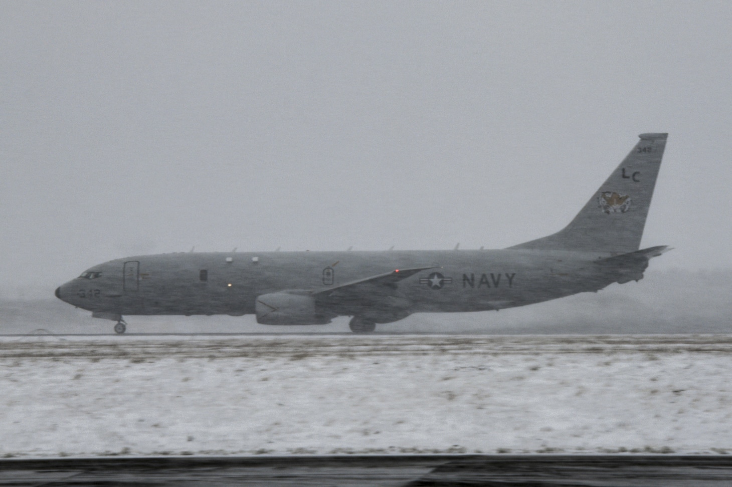 A P-8A Poseidon, assigned to the "Fighting Tigers" of Patrol Squadron (VP) 8, takes off from Misawa Air Base during a scheduled flight operation.