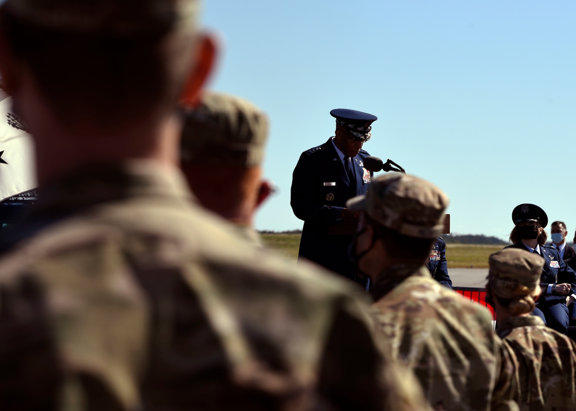 Air Force Chief of Staff Gen. Charles Q. Brown, Jr. addresses Airmen at the renaming ceremony of two Department of the Air Force installations on Dec. 9, 2020, at Cape Canaveral Space Force Station, Fla. Patrick Space Force Base and Cape Canaveral Space Force Station, formerly under the U.S. Air Force, were re-designated as U.S. Space Force bases. (U.S. Space Force photo by Senior Airman Zoe Thacker)