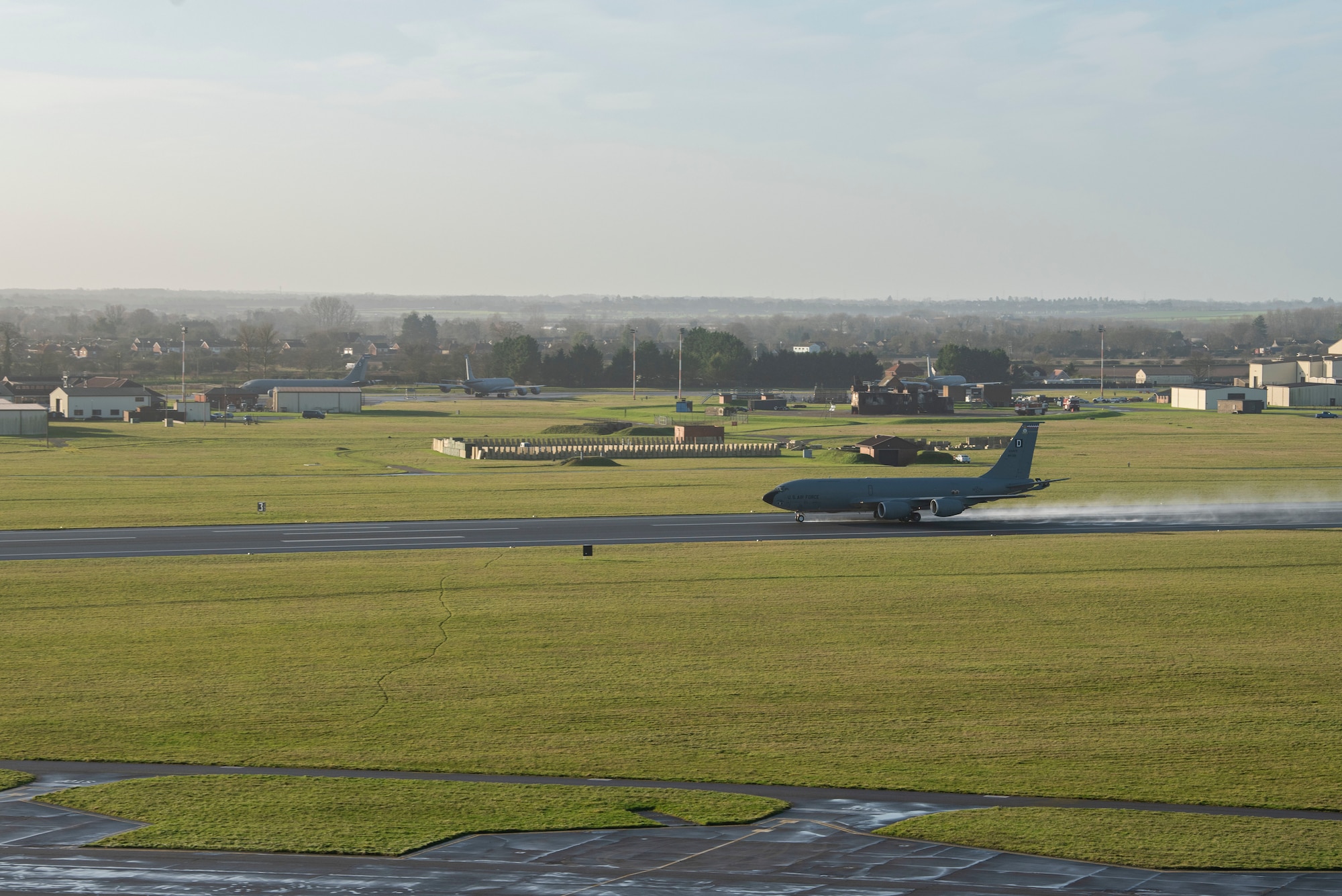 A U.S. Air Force KC-135 Stratotanker aircraft assigned to the 100th Air Refueling Wing begins to takeoff at Royal Air Force Mildenhall, England, Dec. 14, 2020. The 100th ARW conducts air refueling and combat support operations throughout the European and African area of responsibility. (U.S. Air Force photo by Airman 1st Class Joseph Barron)