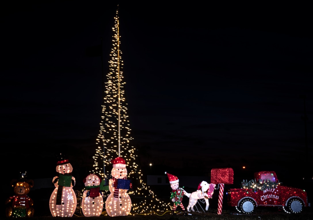 Pictured is a holiday display created by Airmen with the 325th Fighter Wing at Tyndall Air Force Base, Florida, Dec. 4, 2020. Organizing and creating a holiday display to enhance a Tree Lighting ceremony is an annual occurrence. (U.S. Air Force photo by Staff Sgt. Magen M. Reeves)