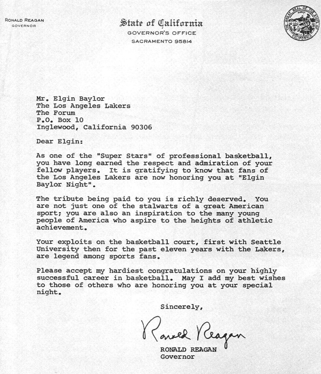 A letter signed by the California governor congratulates Los Angeles Laker Elgin Baylor for his “Super Star” status and for earning the special tribute, Elgin Baylor Night.