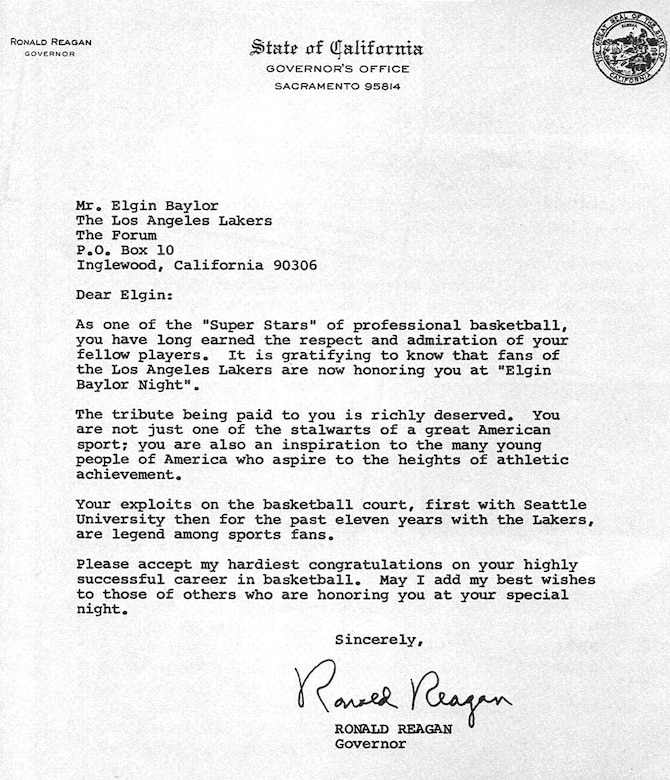 A letter signed by the California governor congratulates Los Angeles Laker Elgin Baylor for his “Super Star” status and for earning the special tribute, Elgin Baylor Night.