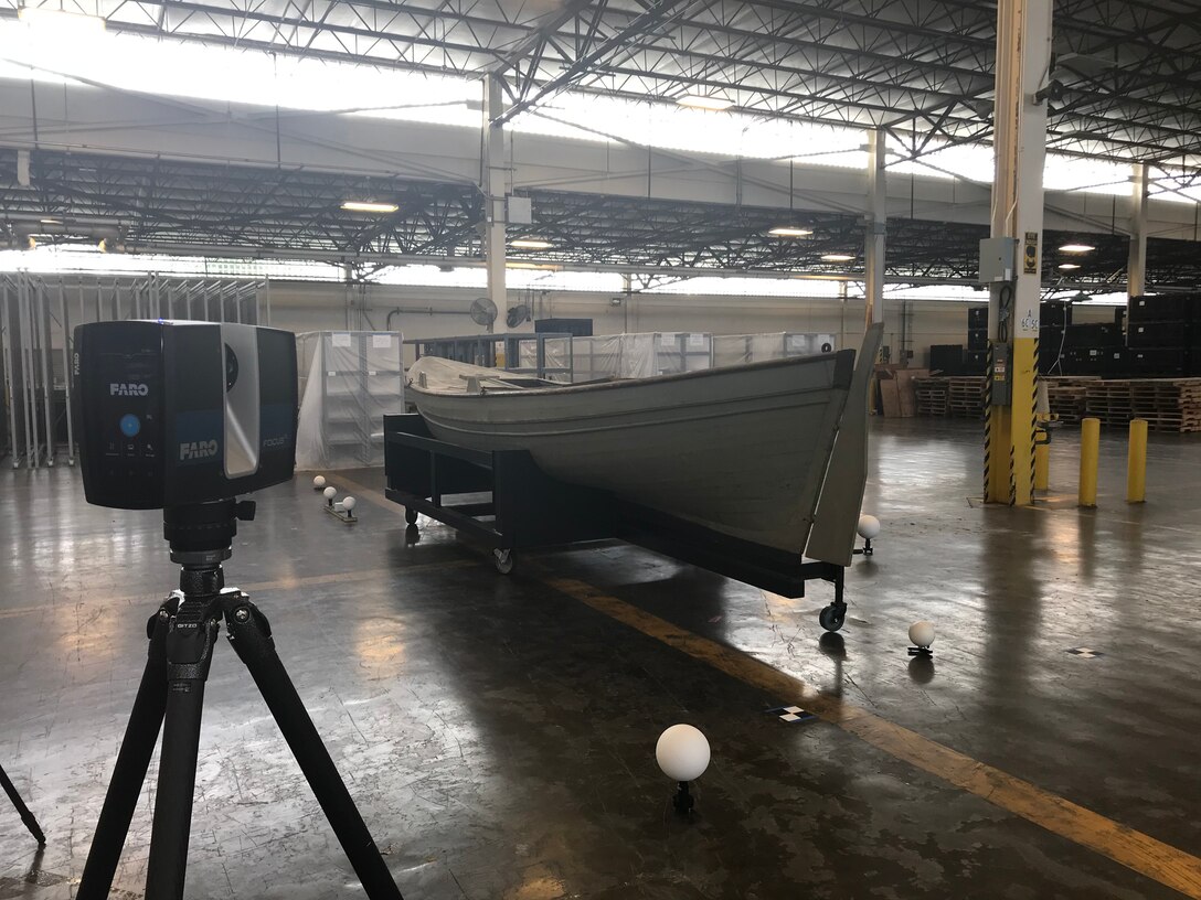 USS Saginaw’s surviving gig on a stand at Nava History and Heritage Command with a Faro 3D S70 3D scanner.