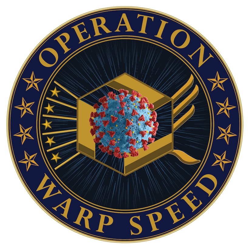 Blue, yellow and red logo with a virus symbol and stars with the words Operation Warp Speed