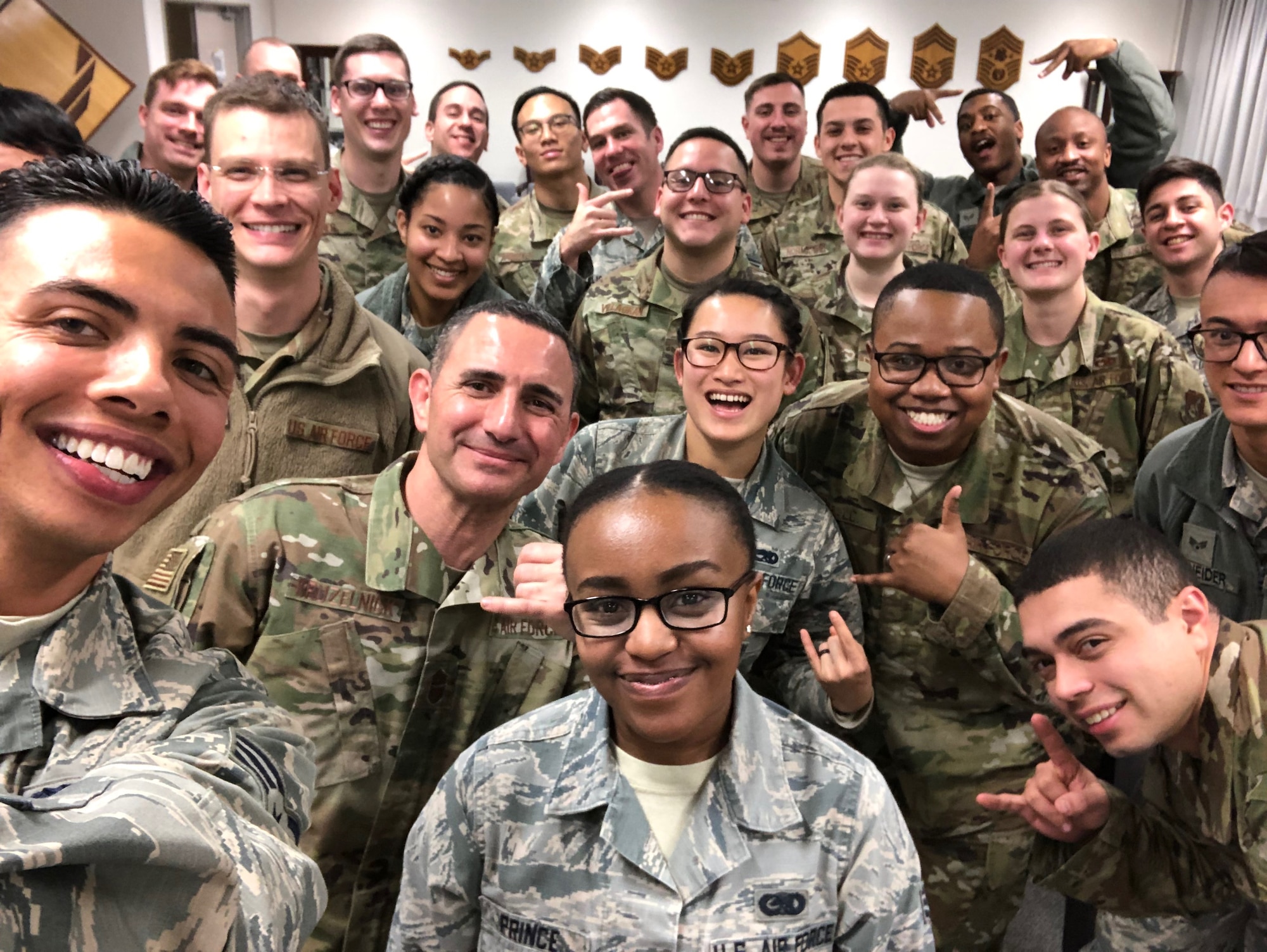 Chief Master Sgt. Brian Kruzelnick, command chief of Air Mobility Command, takes a selfie with Airman Leadership School students at Misawa Air Base, Japan. Kruzelnick served as the Fifth Air Force command chief from December 2018 to August 2020. (Courtesy photo)