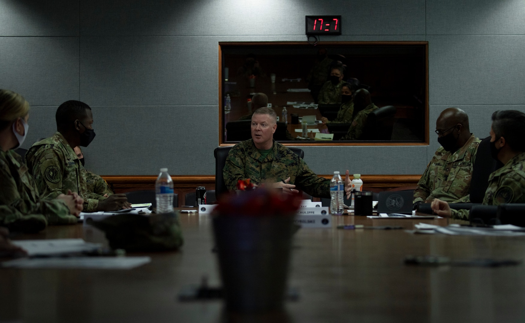 U.S. Marine Corps Master Gunnery Sgt. Scott Stalker, U.S. Space Command command senior enlisted leader, leads a discussion on warrior culture and ethos Dec. 9 at Peterson Air Force Base, Colorado, during an enlisted professionalization day for NCOs from units across USSPACECOM and its subordinate units.