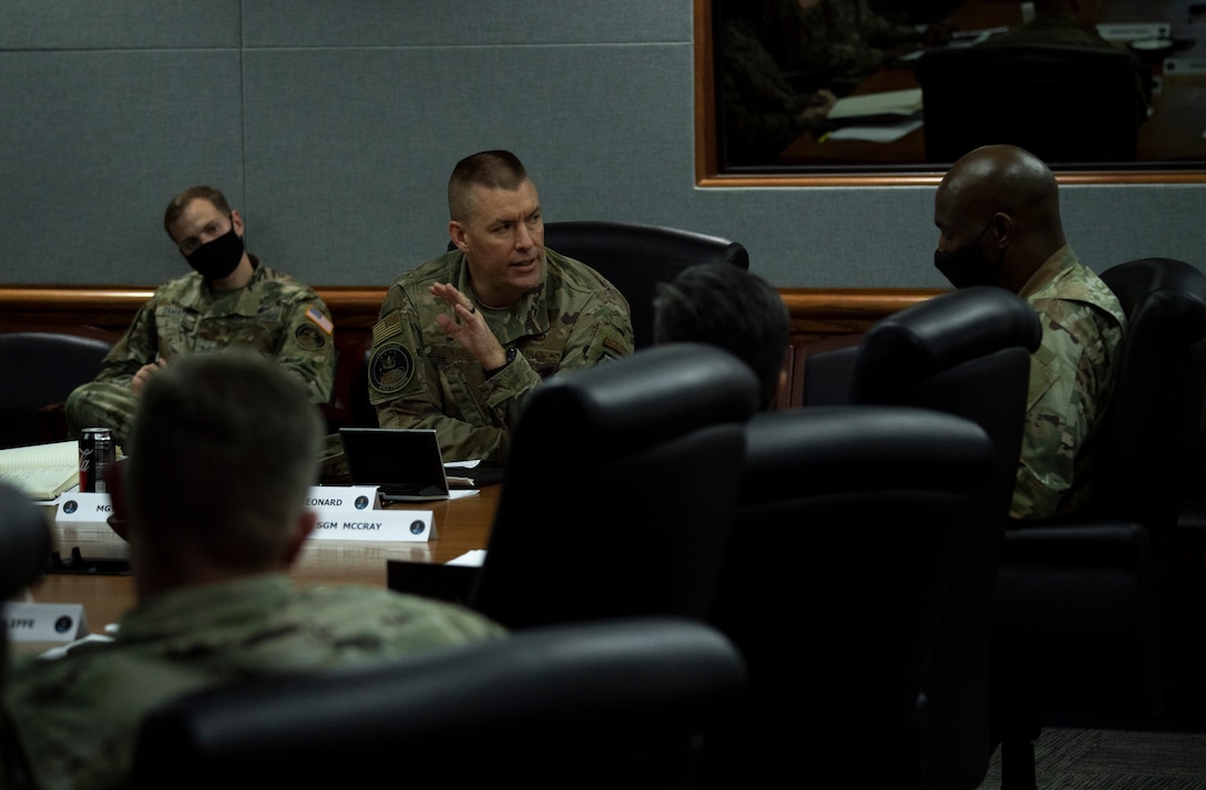 U.S. Air Force Brig. Gen. Brook Leonard, U.S. Space Command chief of staff, gives his thoughts on leadership Dec. 9 at Peterson Air Force Base, Colorado, during an enlisted professionalization day for NCOs from units across USSPACECOM and its subordinate units.
