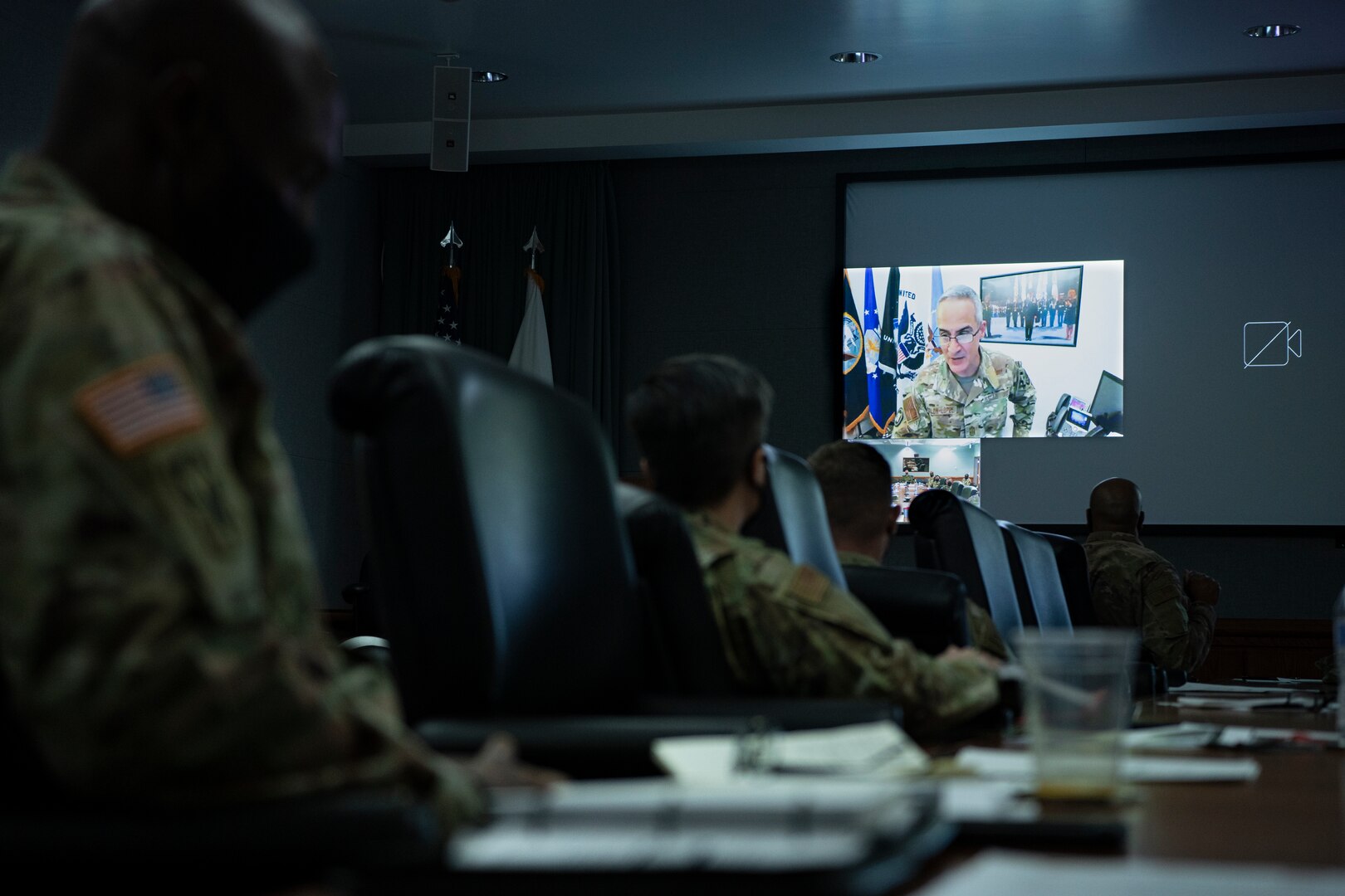 Senior Enlisted Advisor to the Chairman of the Joint Chiefs of Staff Ramón "CZ" Colón-López, the U.S. Armed Force’s senior enlisted service member, talks about leadership and courage Dec. 9 at Peterson Air Force Base, Colorado, during an enlisted professionalization day for NCOs from units across USSPACECOM and its subordinate units. Colón-López virtually attended the event, which included in-person and virtual participants.