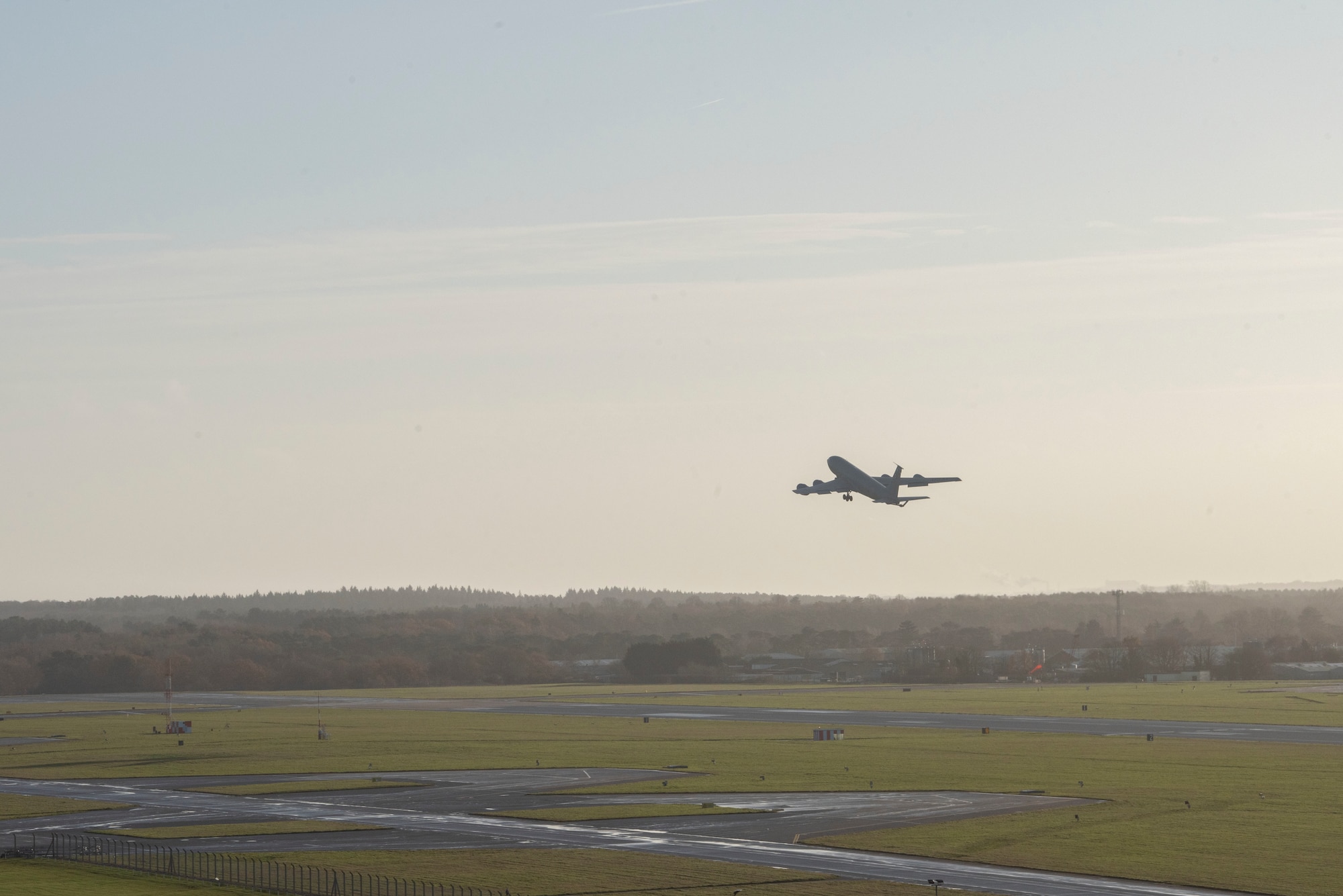 A U.S. Air Force KC-135 Stratotanker aircraft assigned to the 100th Air Refueling Wing departs Royal Air Force Mildenhall, England, Dec. 14, 2020. The KC-135 supports the delivery of fuel to aircraft in flight and extends the range of U.S. Air Force, allied and partner nation aircraft. (U.S. Air Force photo by Airman 1st Class Joseph Barron)