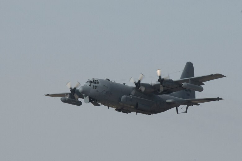 A U.S. Air Force EC-130H Compass Call assigned to the 41st Expeditionary Electronic Combat Squadron takes off during a rapid employment, defense, and survivability exercise at Al Dhafra Air Base, United Arab Emirates, Nov. 28, 2020.