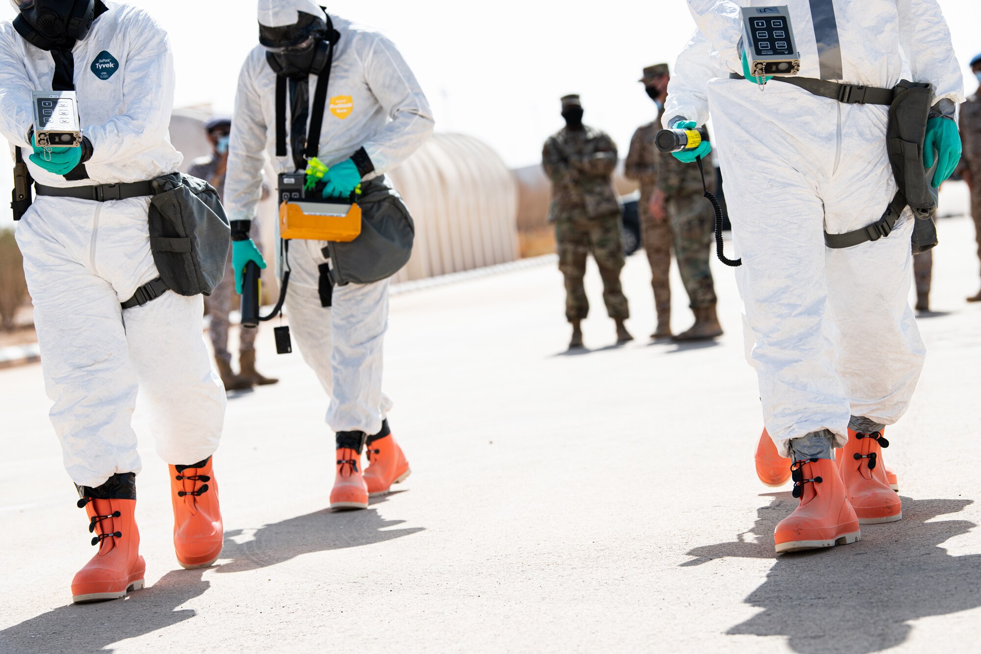 Airmen from the 378th Expeditionary Civil Engineer Squadron emergency management flight and Royal Saudi Air Force personnel shared experience and expertise during a hazardous materials response exercise Dec. 12, 2020, at Prince Sultan Air Base, Kingdom of Saudi Arabia.
