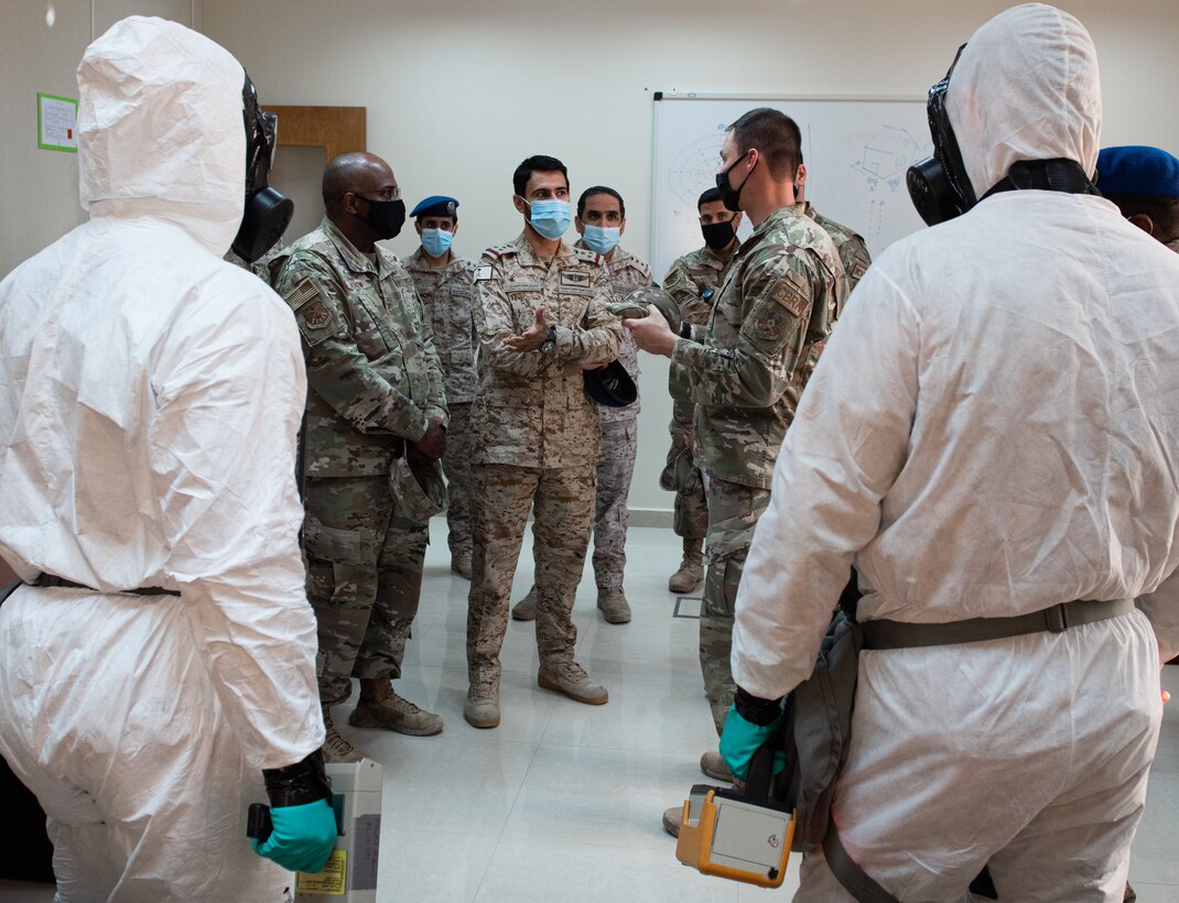Airmen from the 378th Expeditionary Civil Engineer Squadron emergency management flight and Royal Saudi Air Force personnel shared experience and expertise during a hazardous materials response exercise Dec. 12, 2020, at Prince Sultan Air Base, Kingdom of Saudi Arabia.