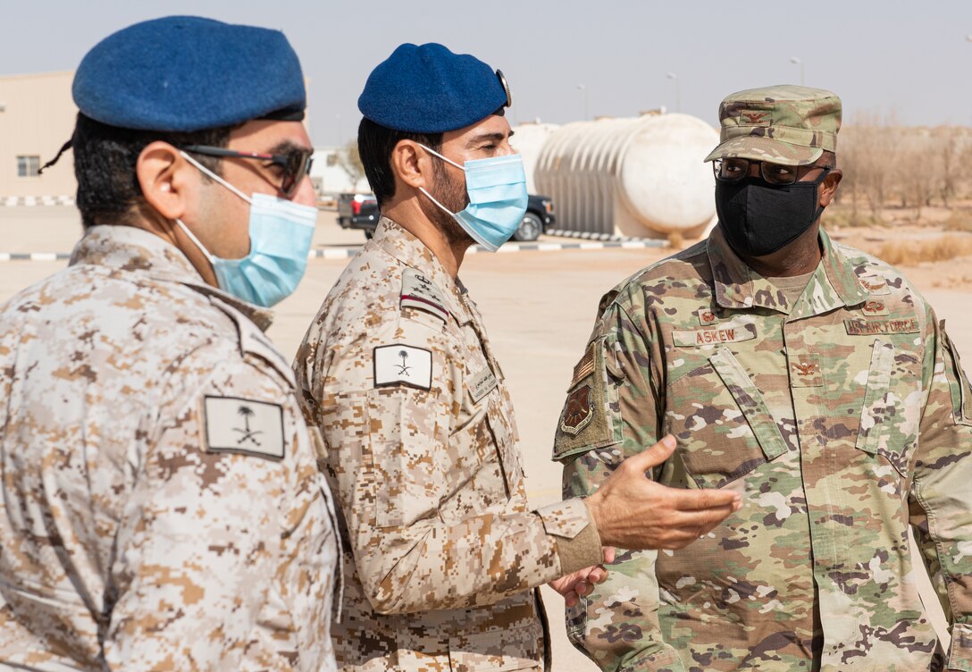 Airmen from the 378th Expeditionary Civil Engineer Squadron emergency management flight and Royal Saudi Air Force personnel shared experience and expertise during a hazardous materials response exercise Dec. 12, 2020, at Prince Sultan Air Base, Kingdom of Saudi Arabia.