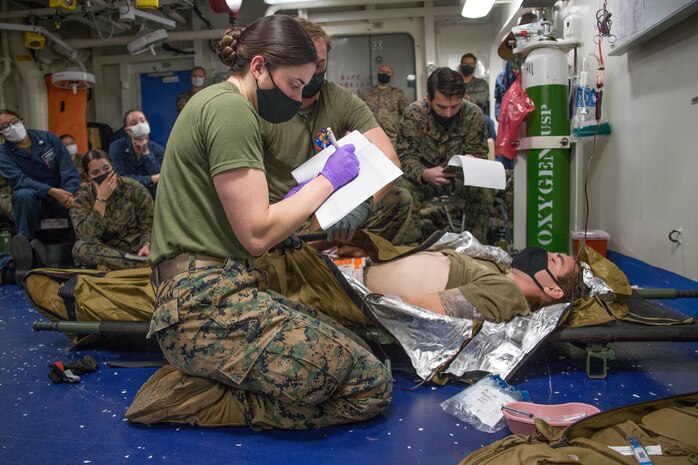 A Hospital Corpsman documents a patient's vitals during Valkyrie emergency fresh whole blood transfusion training aboard the amphibious assault ship USS Makin Island (LHD 8), Nov. 14.